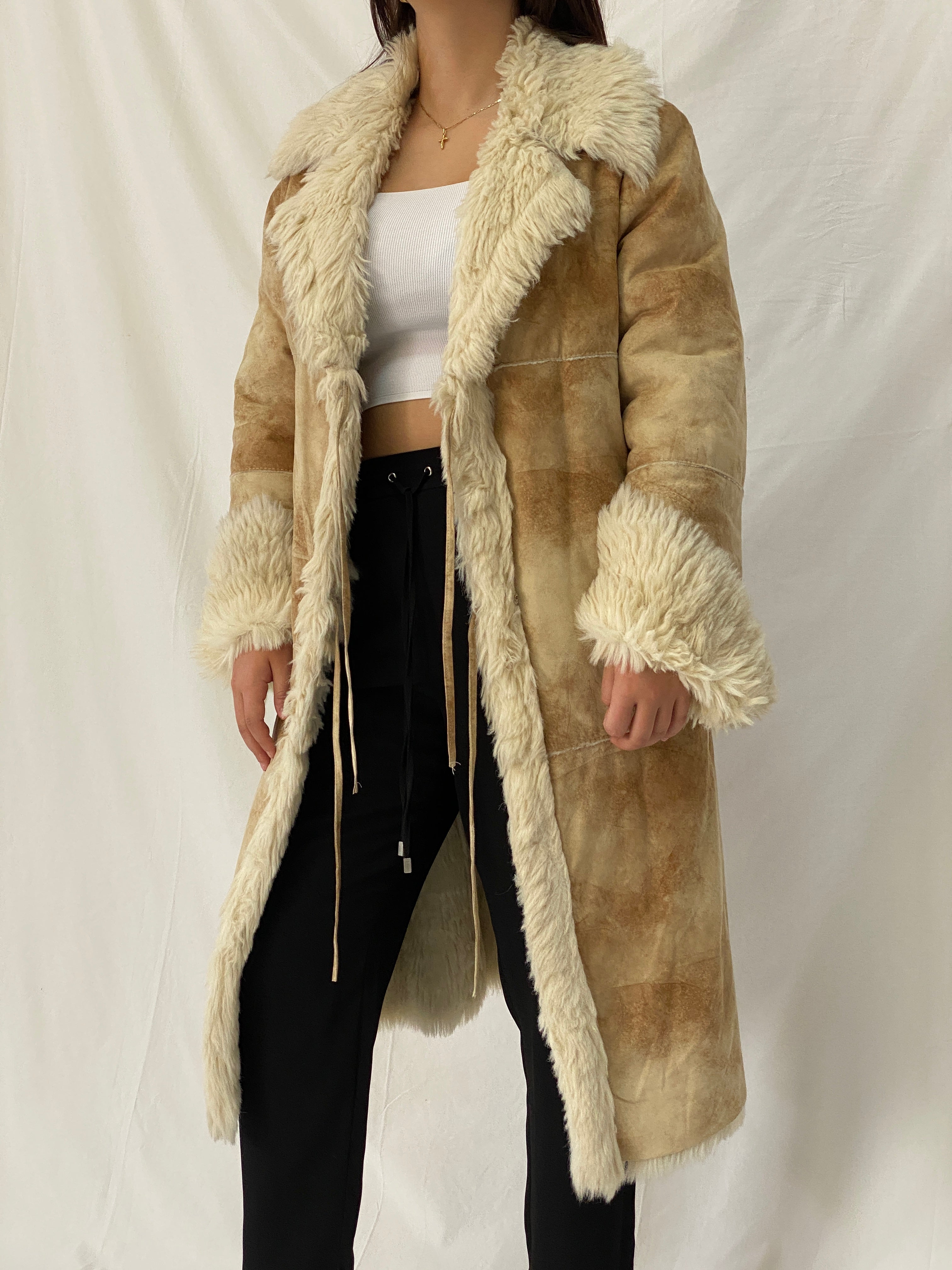 FREEHORN by Conbipel Faux Fur Lined Italian Genuine Leather Penny Lane Coat 70s Boho Jacket - XL