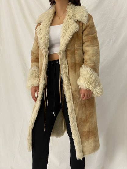 FREEHORN by Conbipel Faux Fur Lined Italian Genuine Leather Penny Lane Coat 70s Boho Jacket - XL