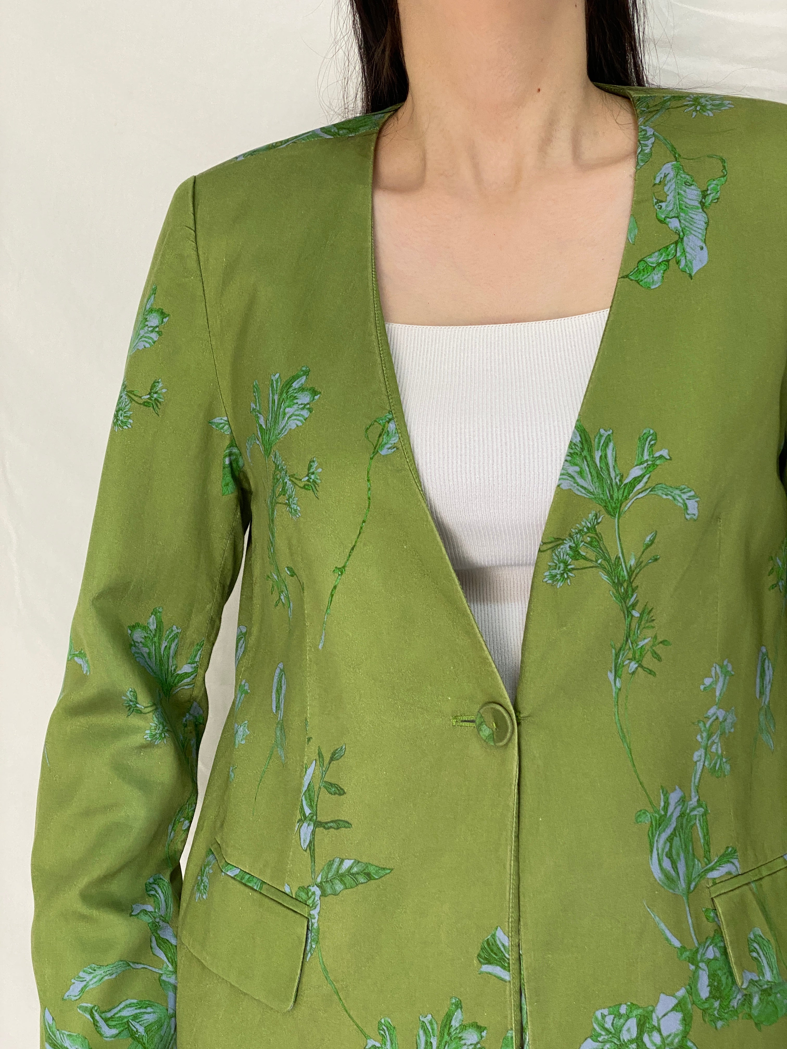 Vintage Y2K Botanical Olive Green & Blue Floral Longline Blazer - L