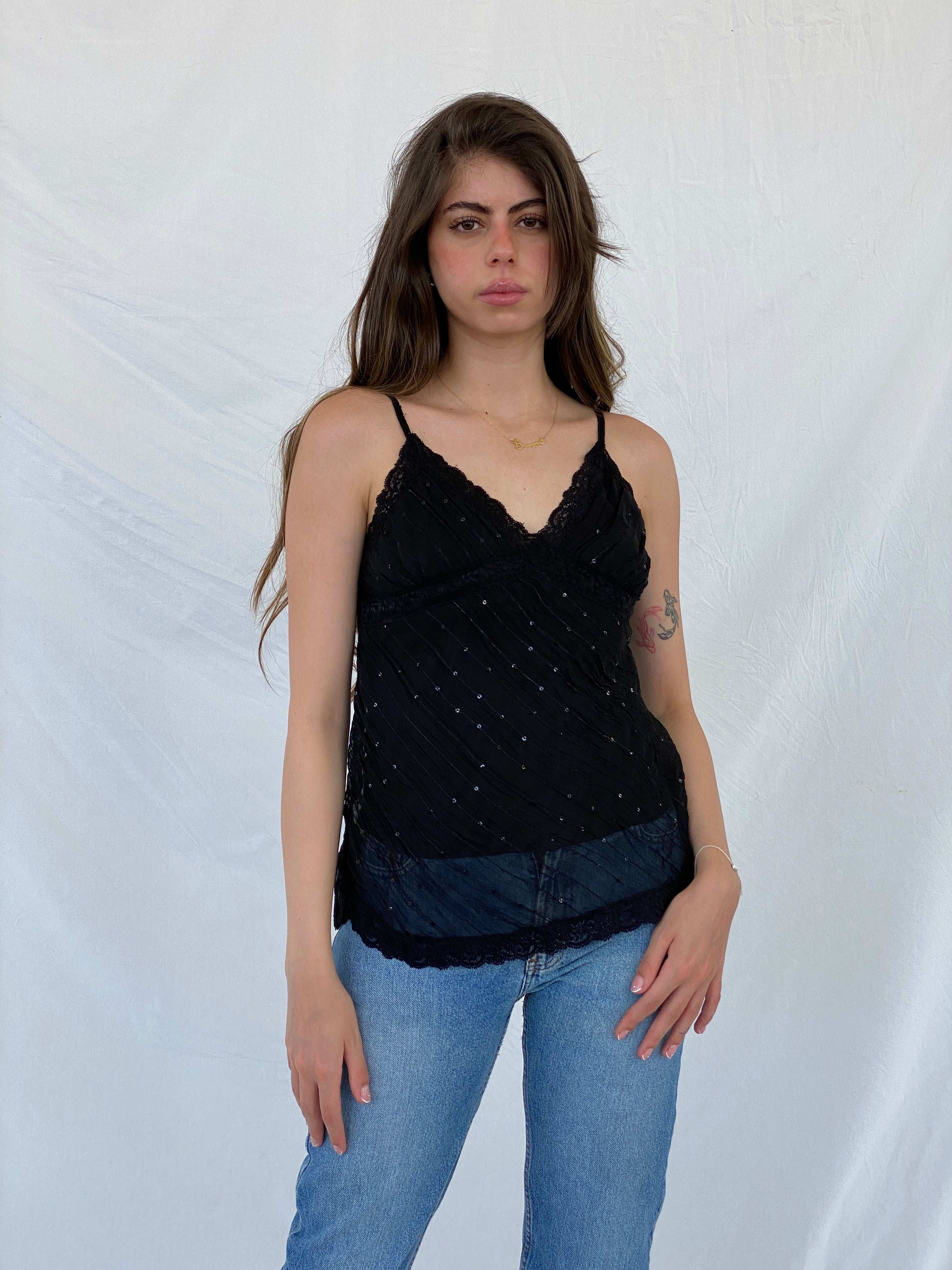 Vintage 90s Fire Los Angeles Sequin Black Lace Trim Cami Top - S - Balagan Vintage Cami 00s, 90s, Cami, Mira, NEW IN, sheer, shimmer