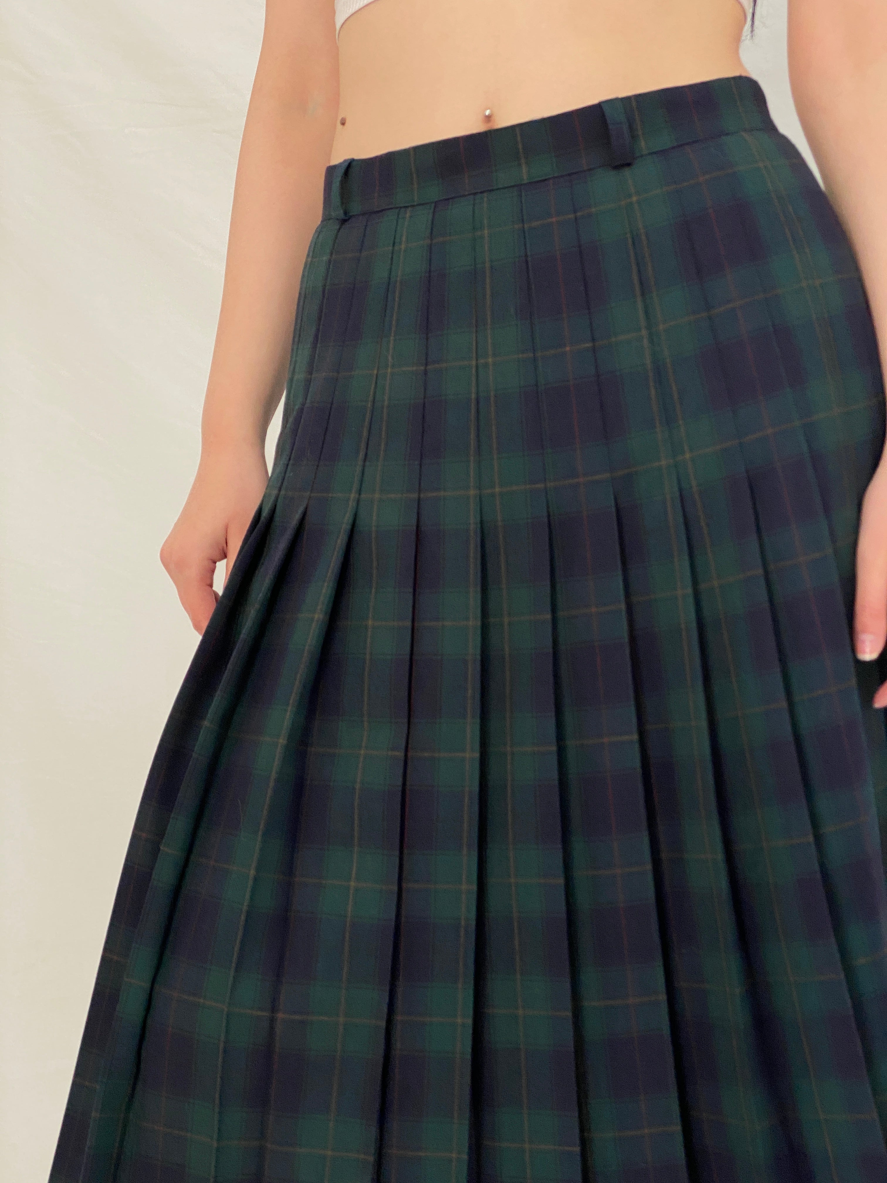 Vintage LADYS Preppy Green Plaid Tartan Clueless Pleated Midi Skirt - M