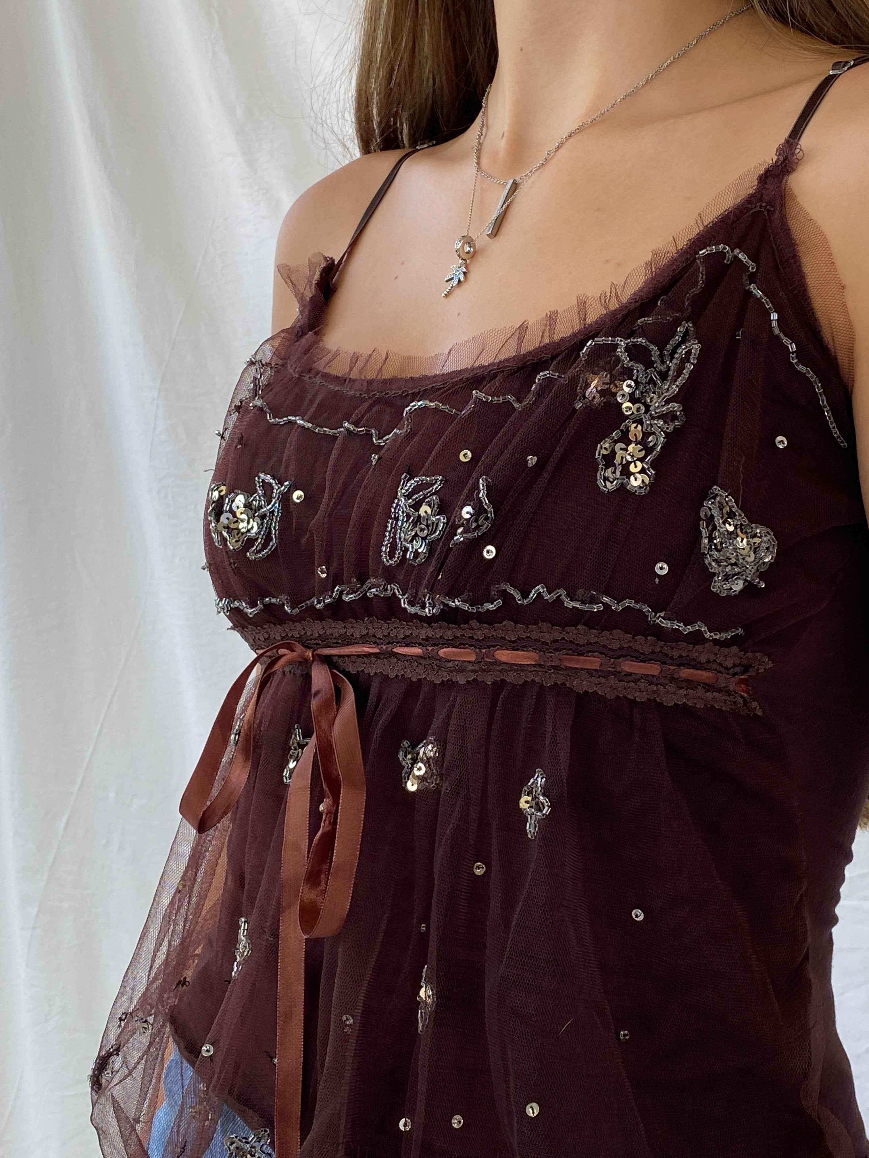 Cute Y2K Brown Beaded Tulle Top - Balagan Vintage Sleeveless Top 00s, consignment, Isabella, Mira