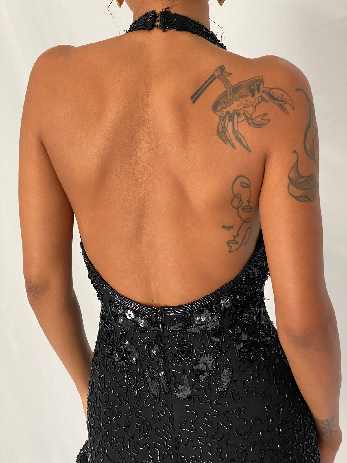 Vintage 90s Nite Line Black Silk Beaded Fringe Halter Mini Dress – XS