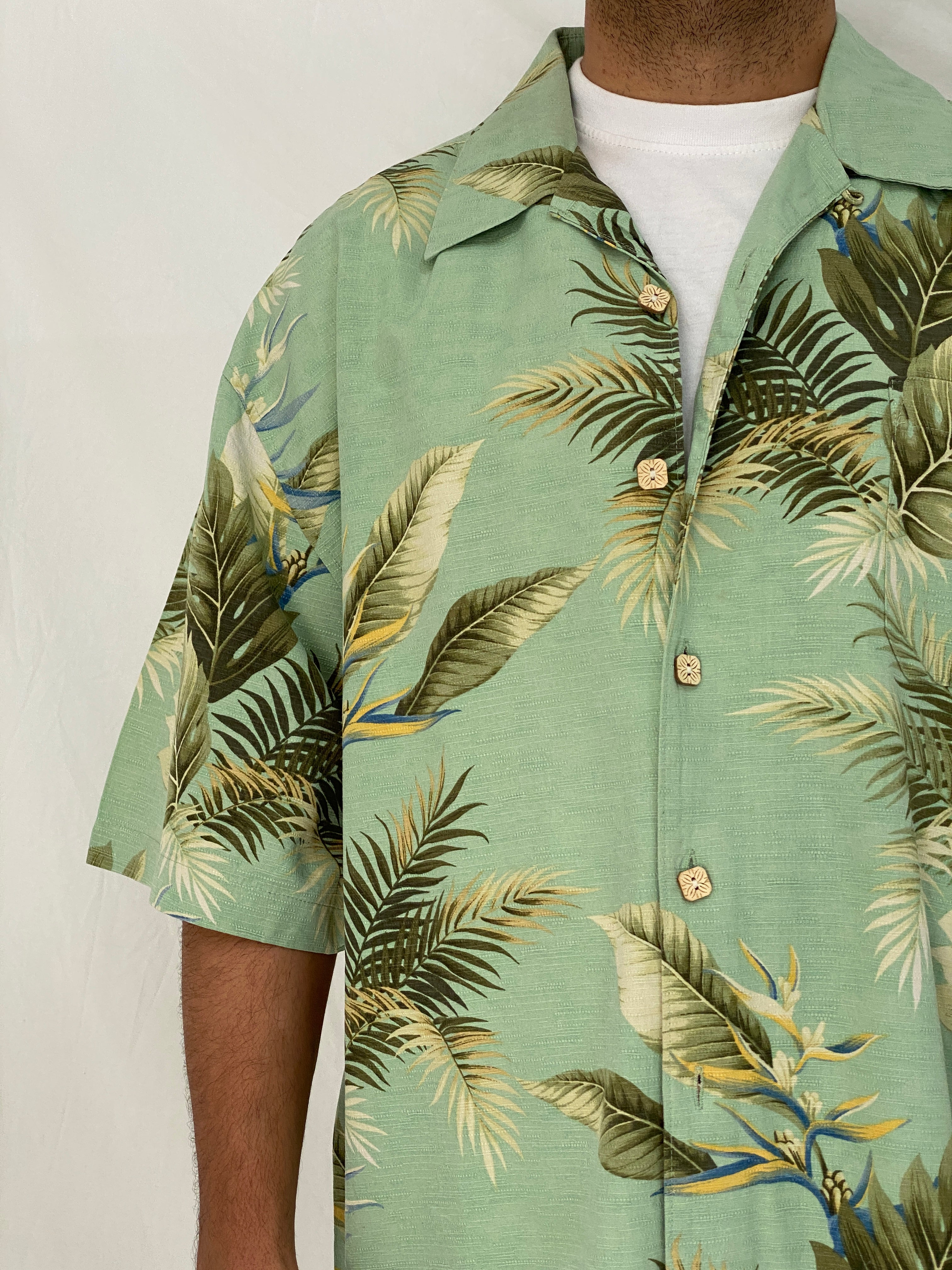 Vintage Jamaica Jaxx Tropical Leaf Silk Mint Green Hawaiian Shirt – XL