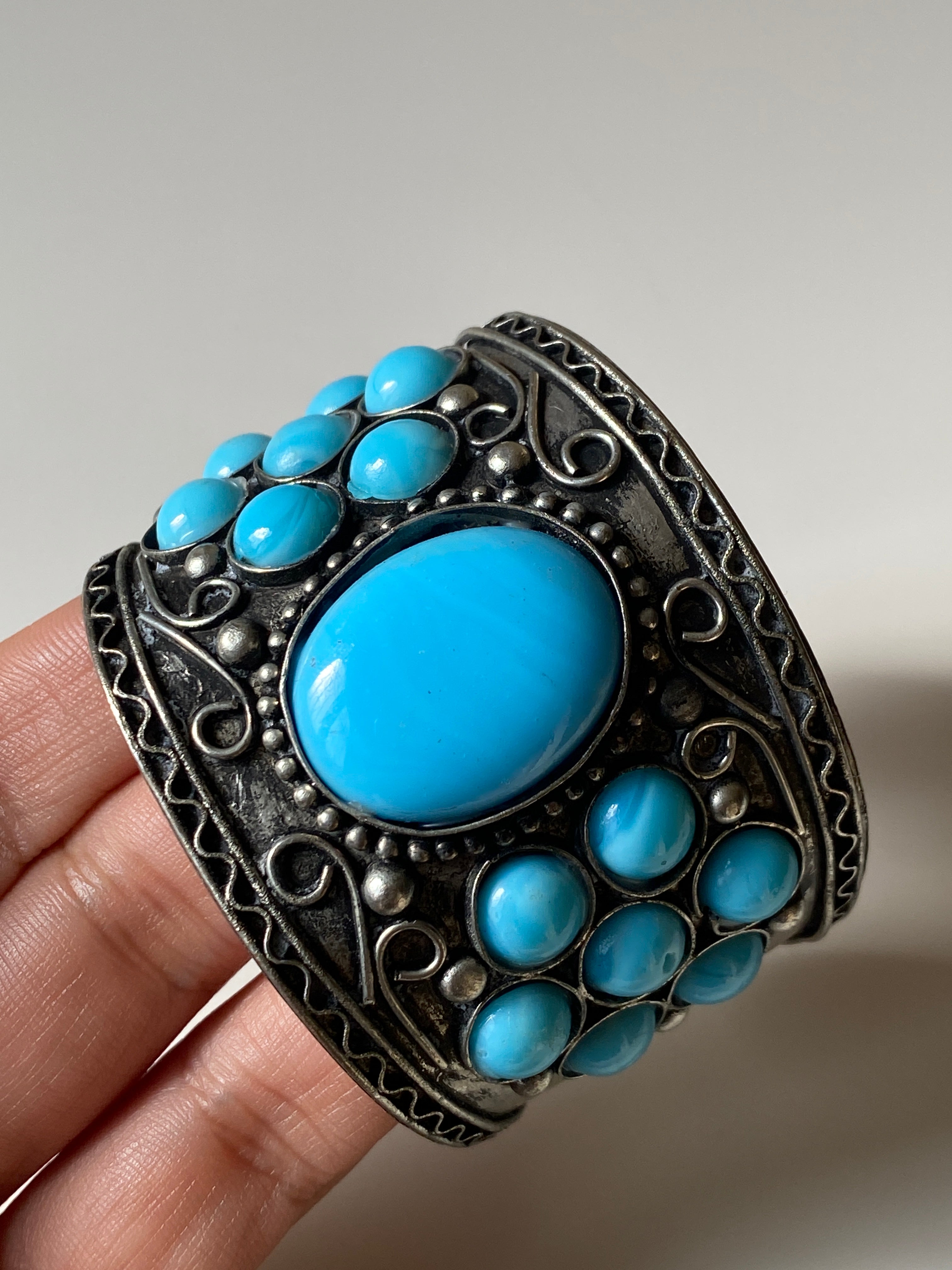 Vintage Silver Turquoise Statement Cuff Wide Boho Tribal Inlay Bracelet