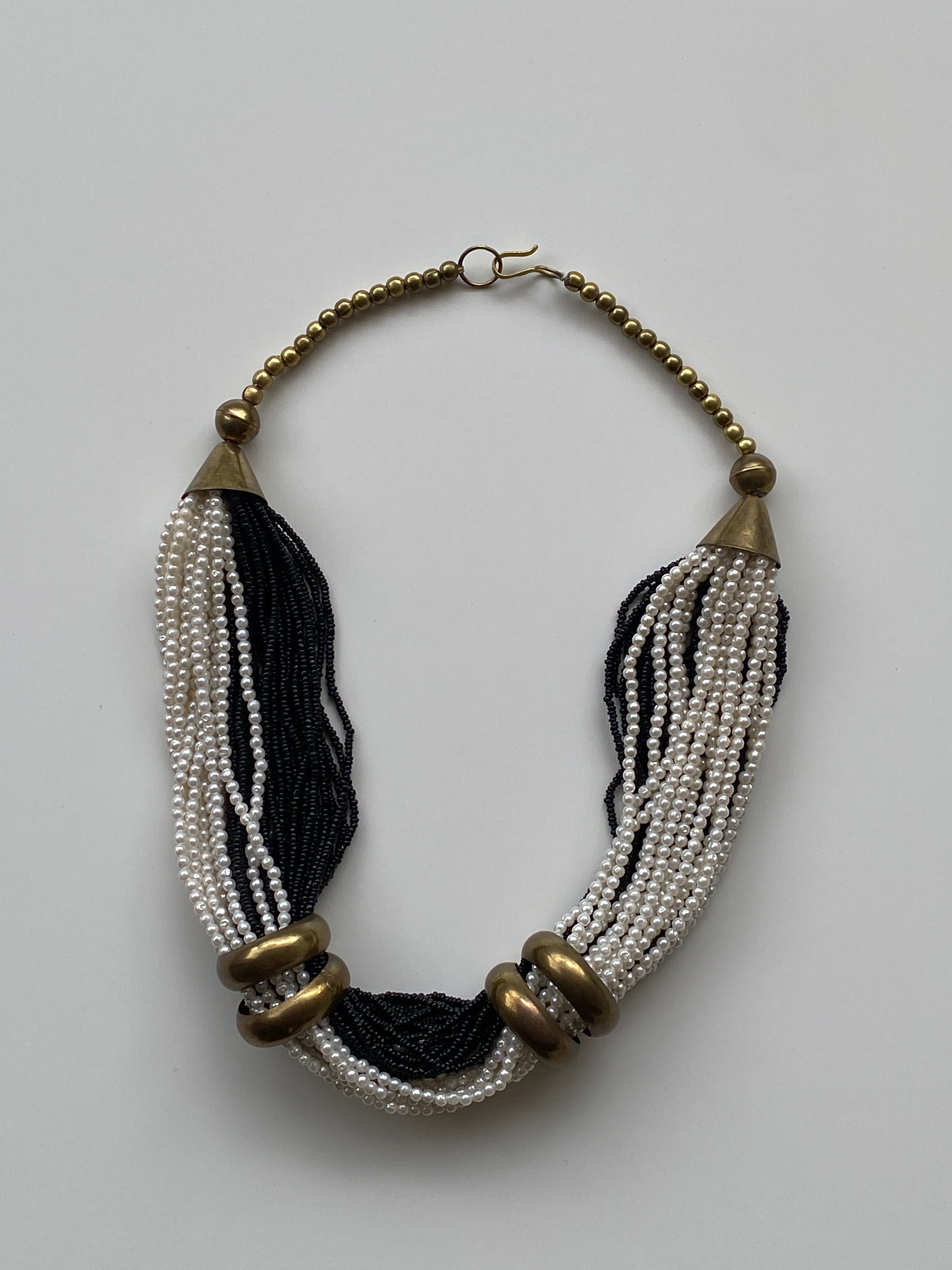 Vintage 90s Black & White Multi-Strand Faux Pearl Torsade Necklace with Brass Hardware