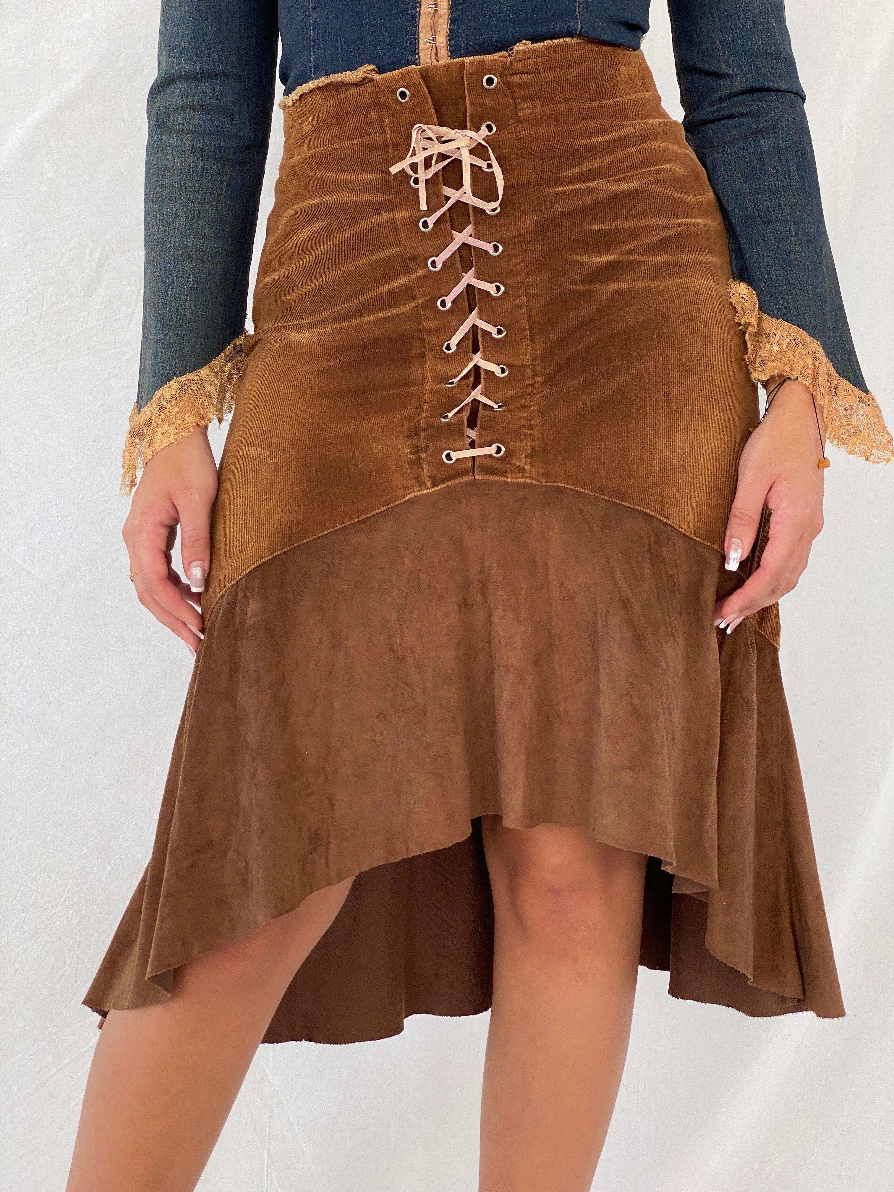 Vintage Y2K Brown Midi Lace Up Skirt - Balagan Vintage Midi Skirt brown, floral skirt, midi skirt, NEW IN, Rama