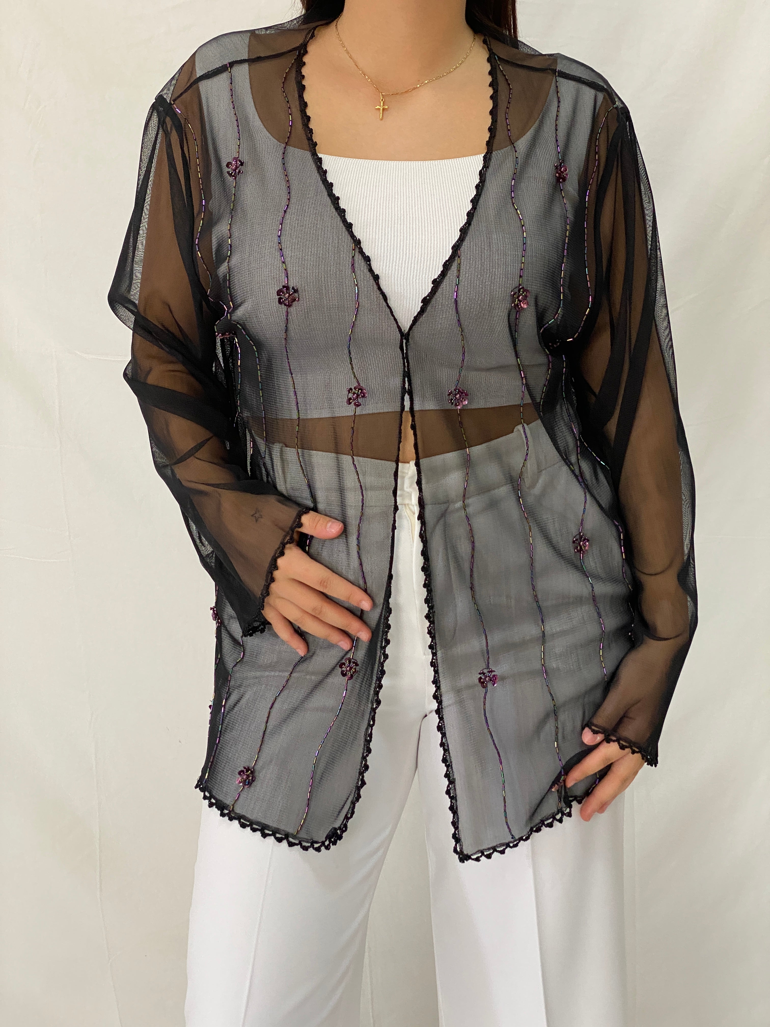 Vintage MISSION Black Sheer Beaded Cardigan Iridescent Sequin Trim Kimono - XL