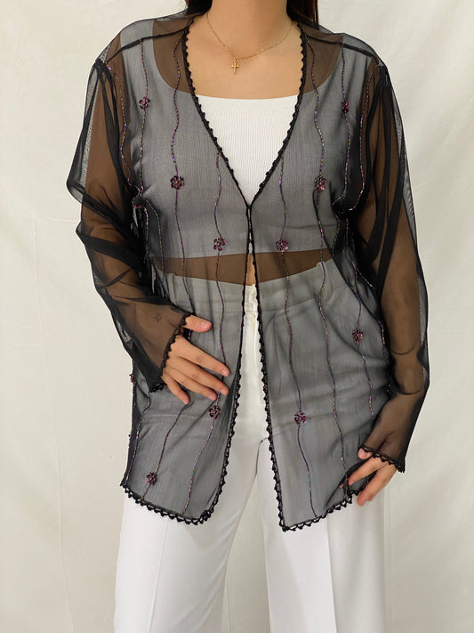 Vintage MISSION Black Sheer Beaded Cardigan Iridescent Sequin Trim Kimono - XL