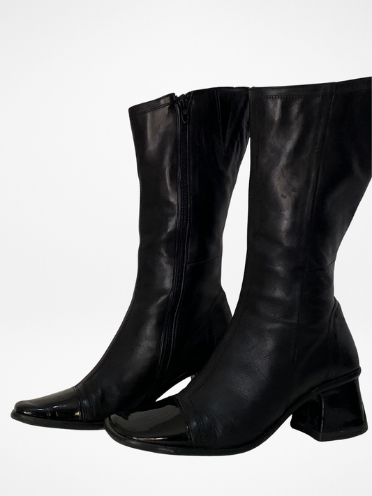 Vintage JOA Italian Black Leather Patent Block Heel & Square Toe Mid-Calf Boots - 36EU