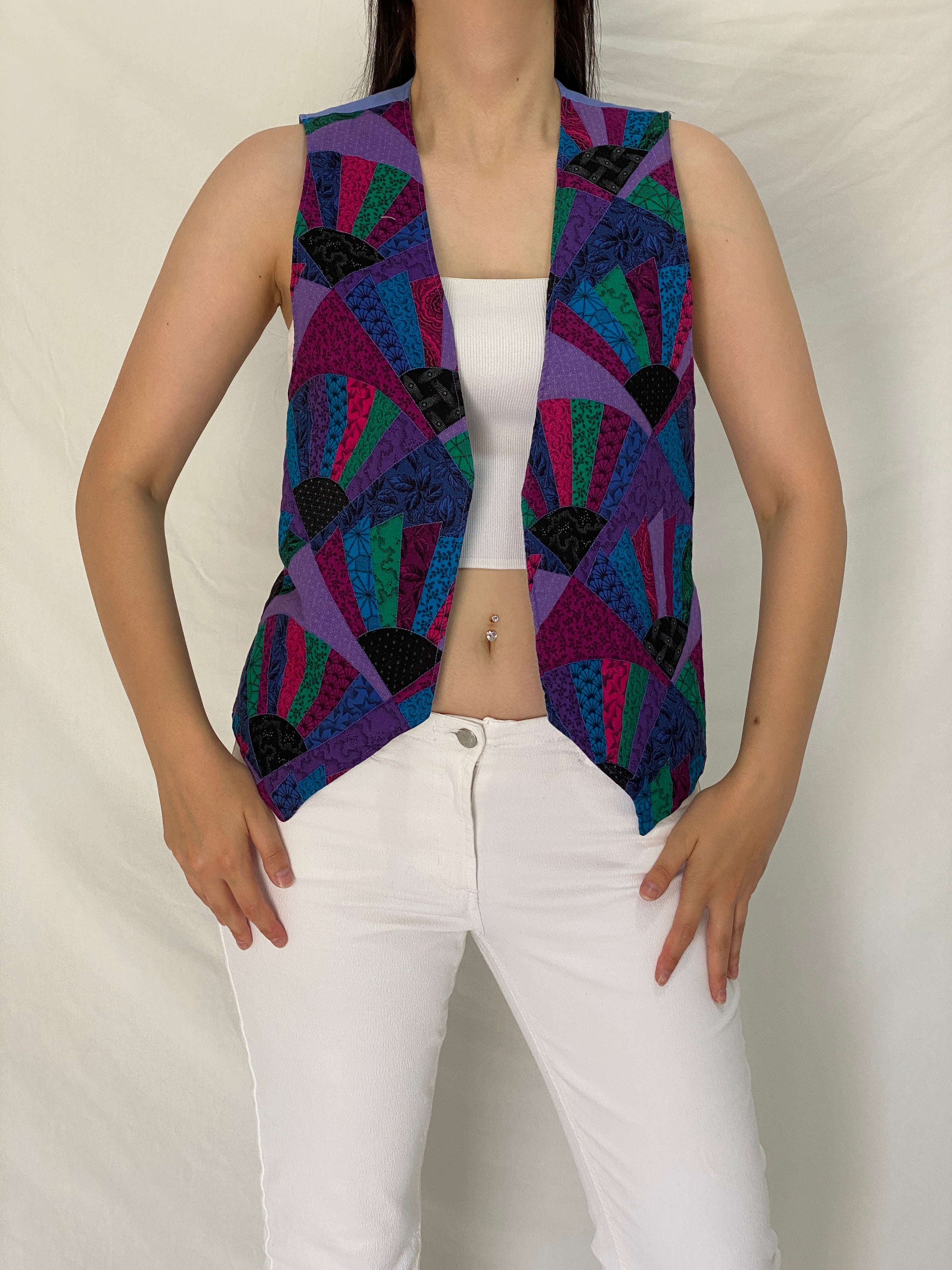 Vintage 90s Purple Multicolor Patchwork Fan Print Open Front Vest - M