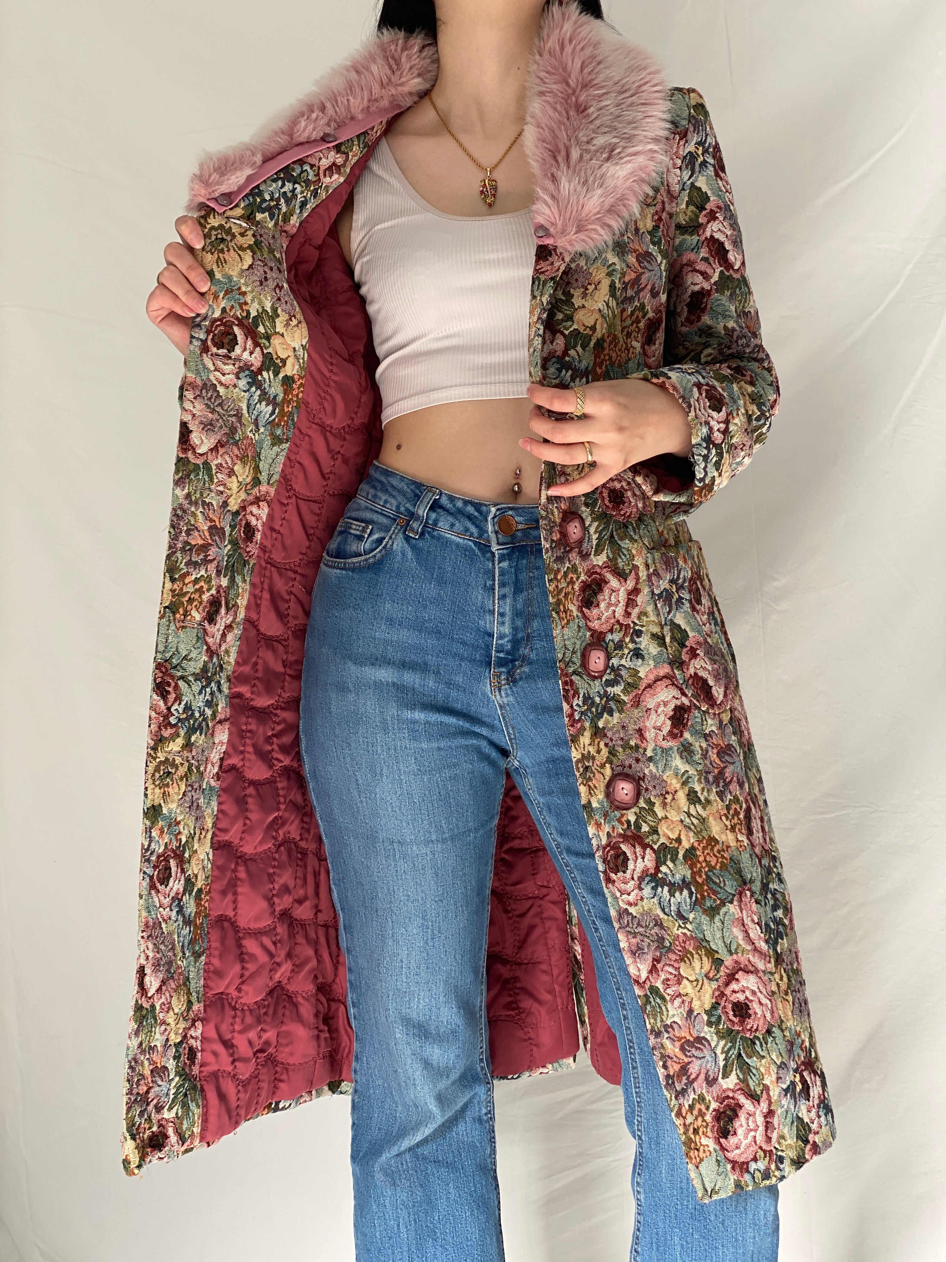 Vintage Statement Handmade Floral Tapestry Quilted Coat with Pink Faux Fur Collar - M