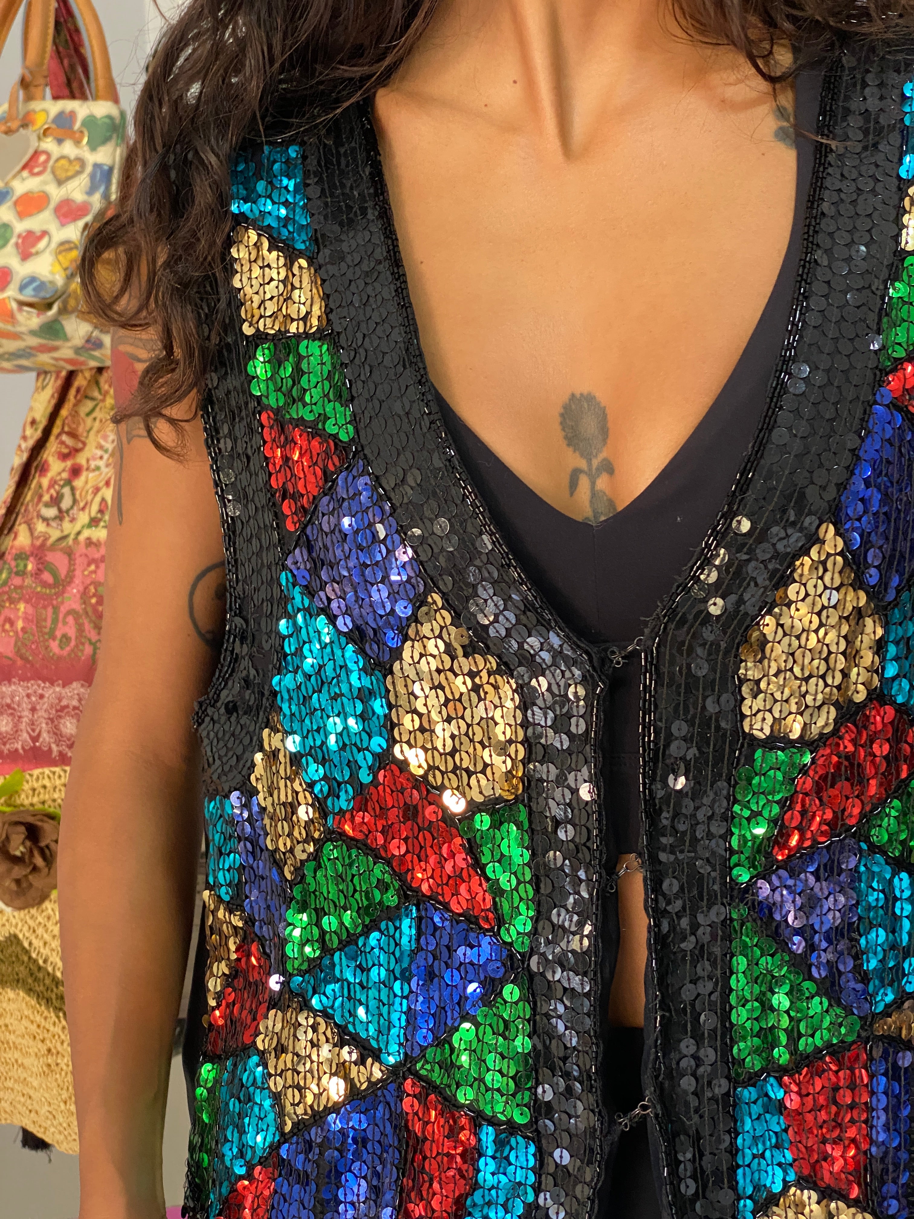 Vintage 80s AJ Bari Black Multicolor Silk Sequin Statement Vest - L