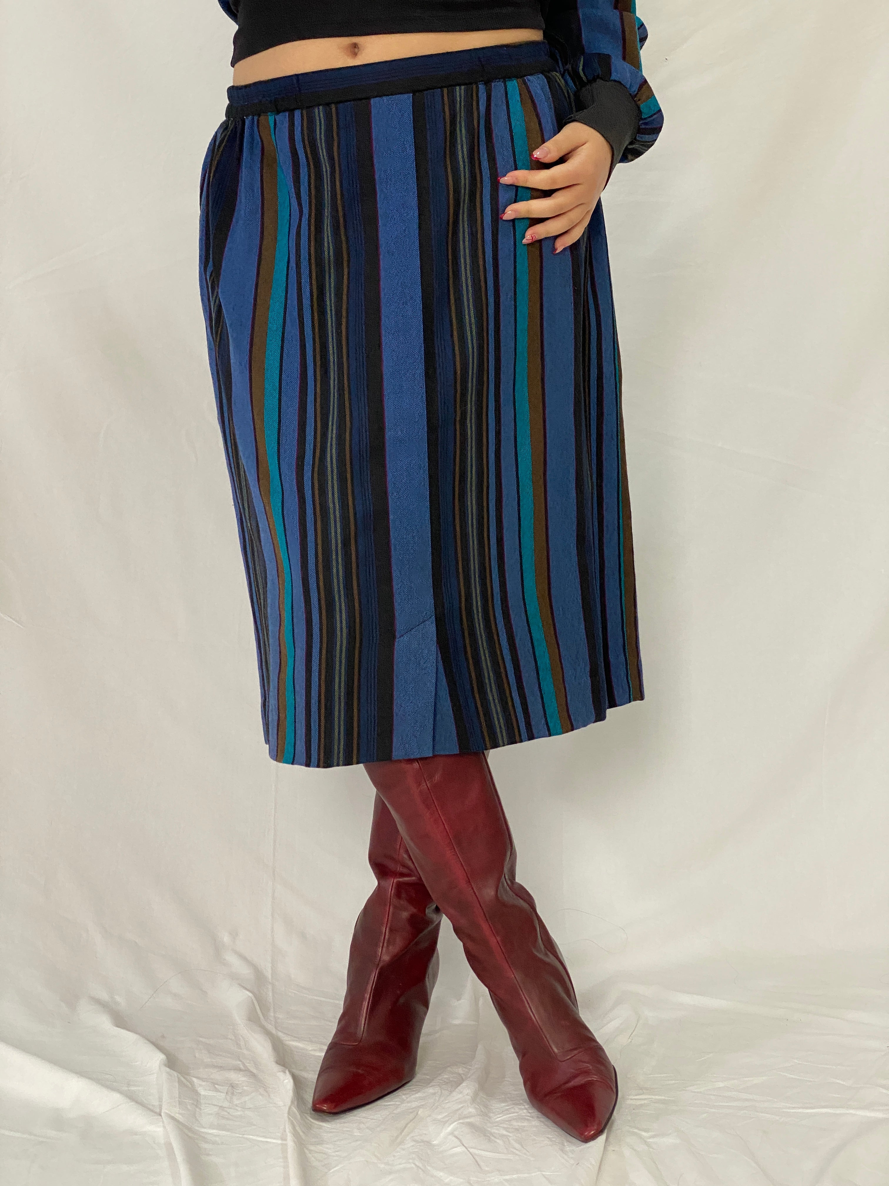 Vintage Pure Wool Sporting Dress Skirt & Jacket Set Blue Striped Two-Piece Set - L