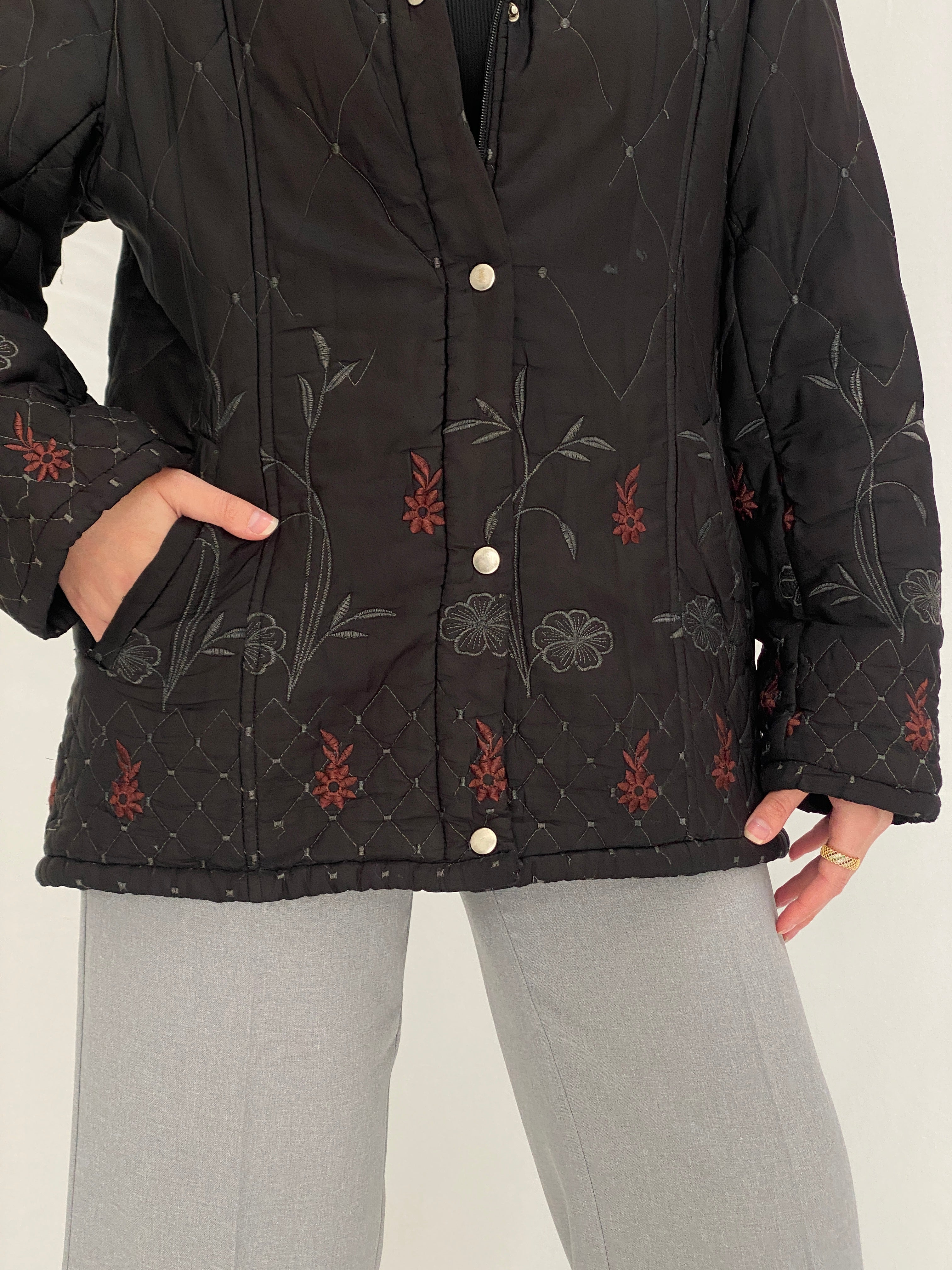 Vintage 90s Motuoren Black Quilted Embroidered Floral Lightweight Padded Jacket Coat - M