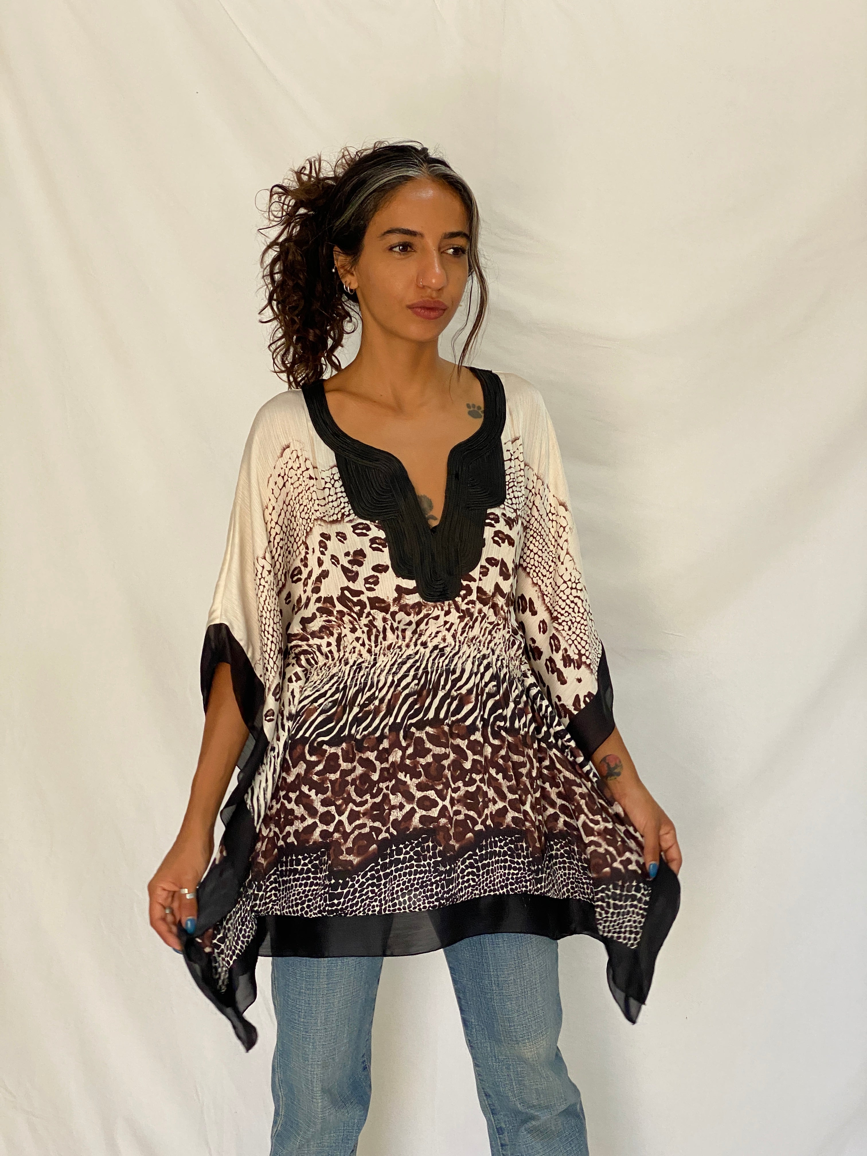 Vintage Y2K Kaelyn-Max Cream & Brown Animal Print Polyester Boho Kaftan Tunic Top - M