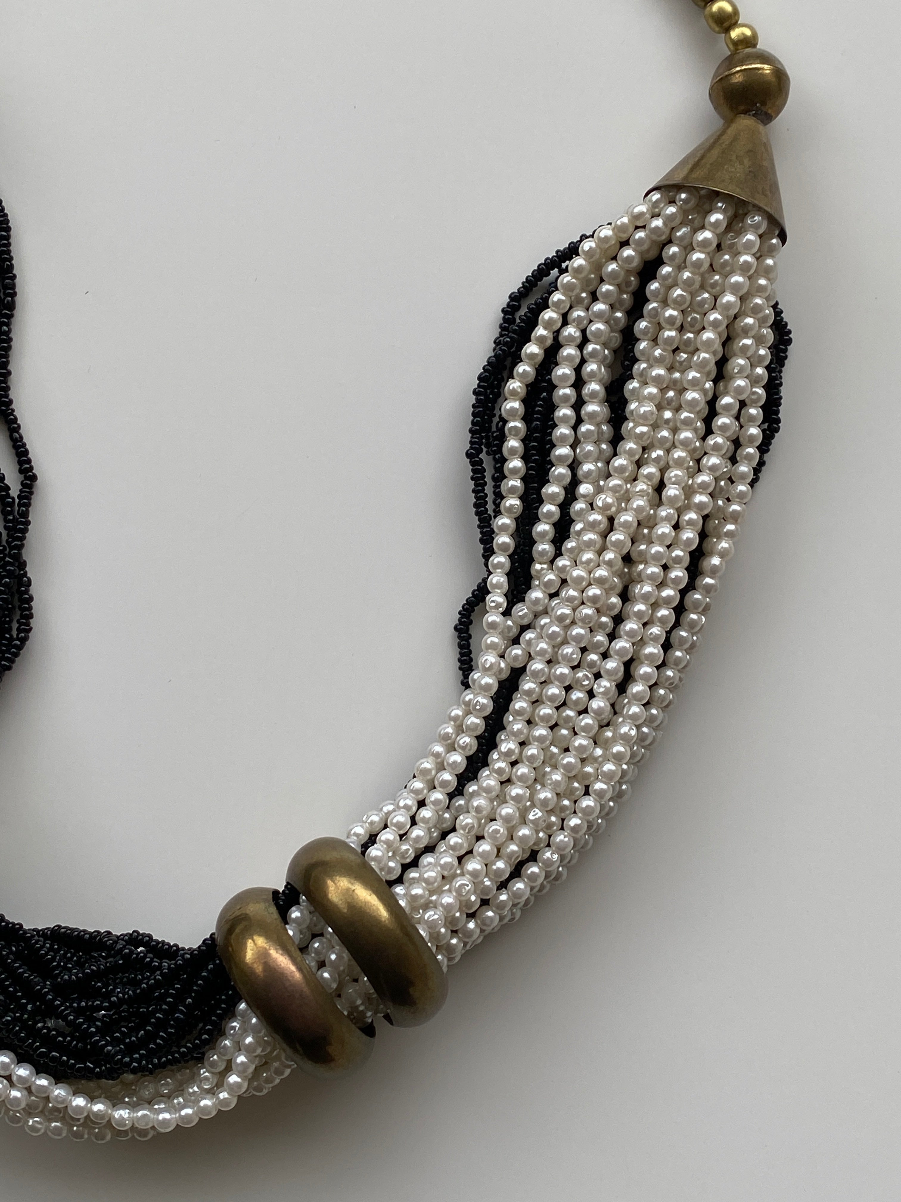 Vintage 90s Black & White Multi-Strand Faux Pearl Torsade Necklace with Brass Hardware