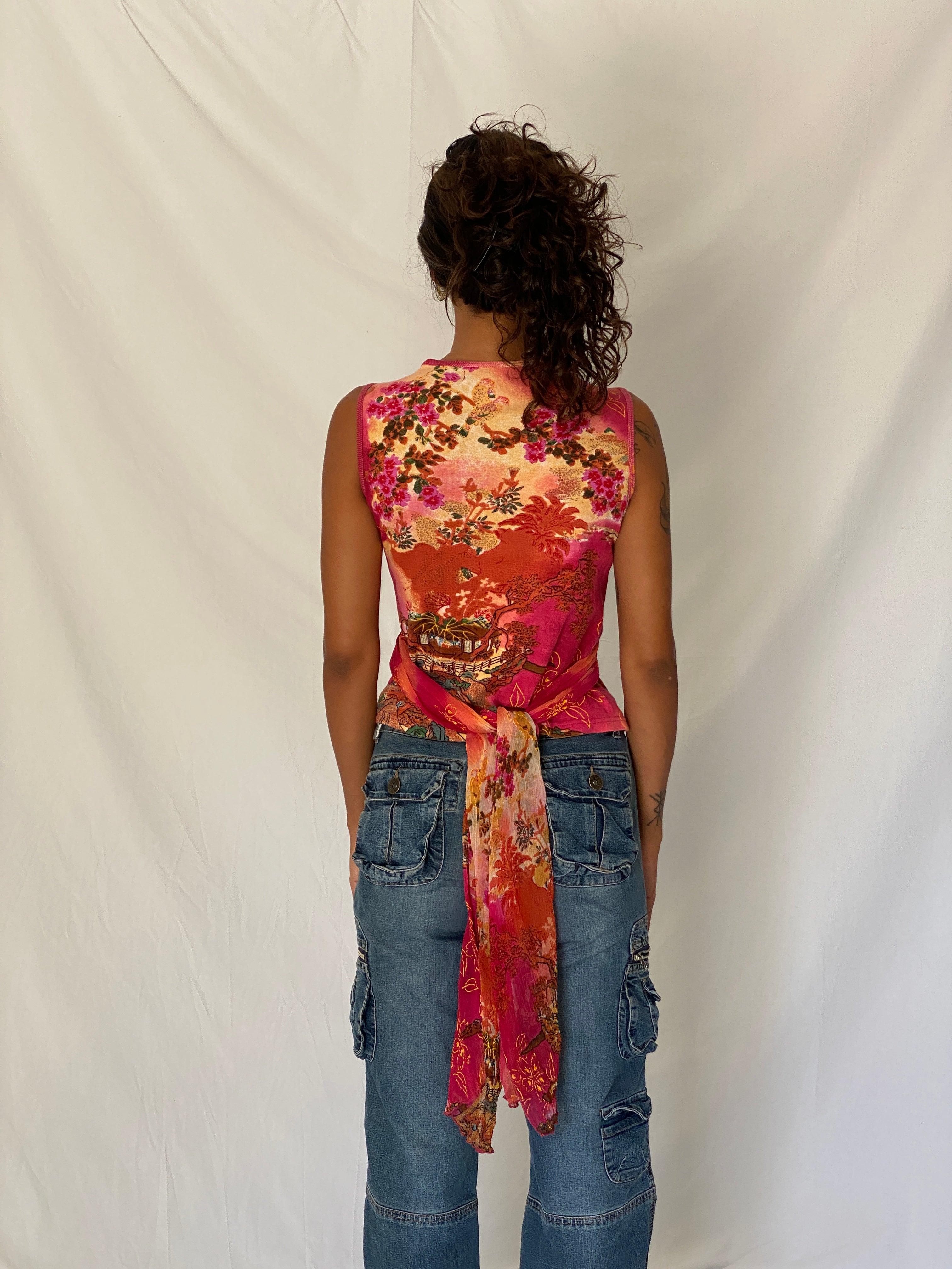 Vintage Y2K Derhy Pink Orange Embellished Floral Boho Draped Sleeveless Top - S
