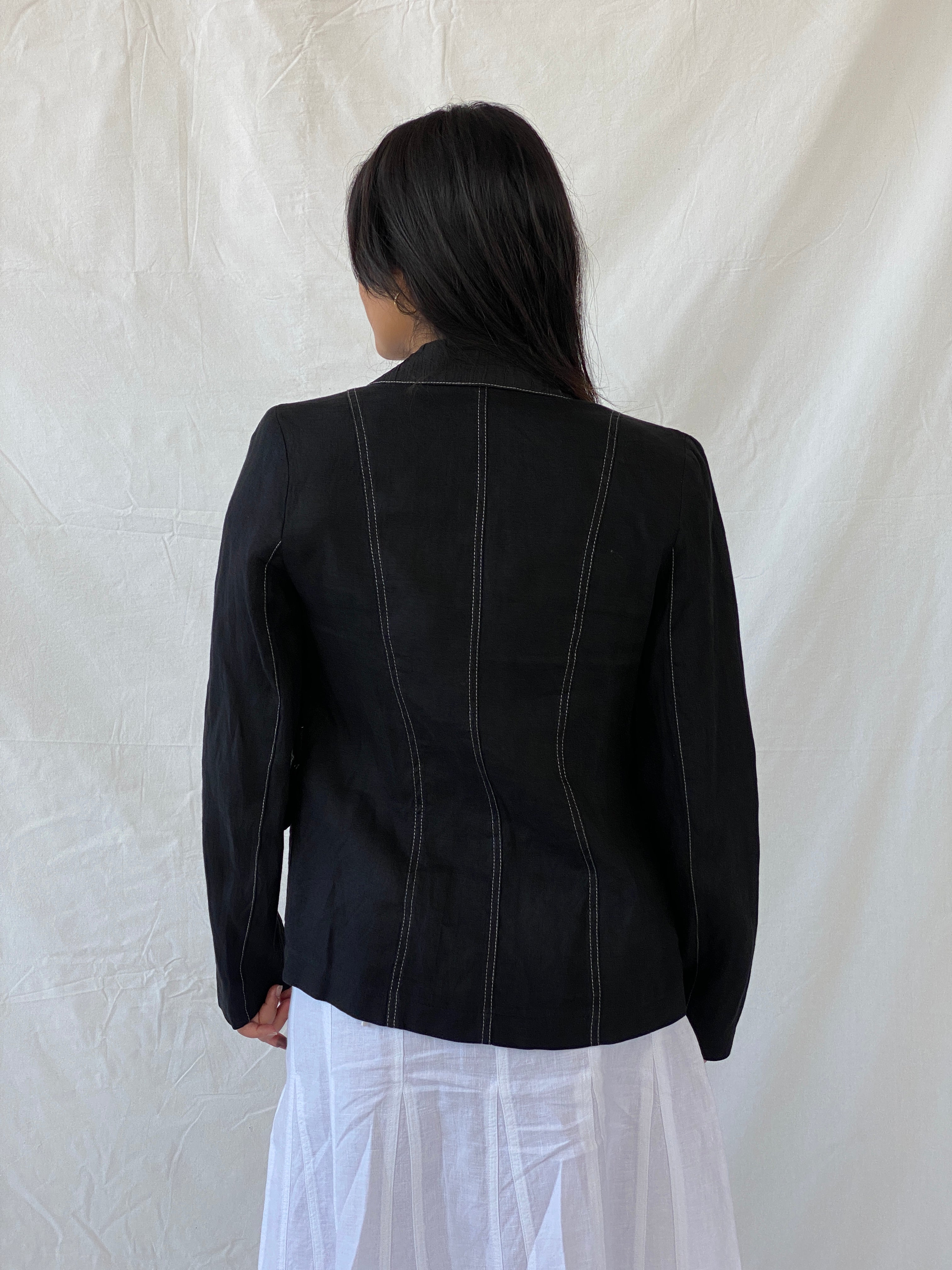 Vintage 90s Féminité Paris Black Linen Seashell Buttoned Blazer - M