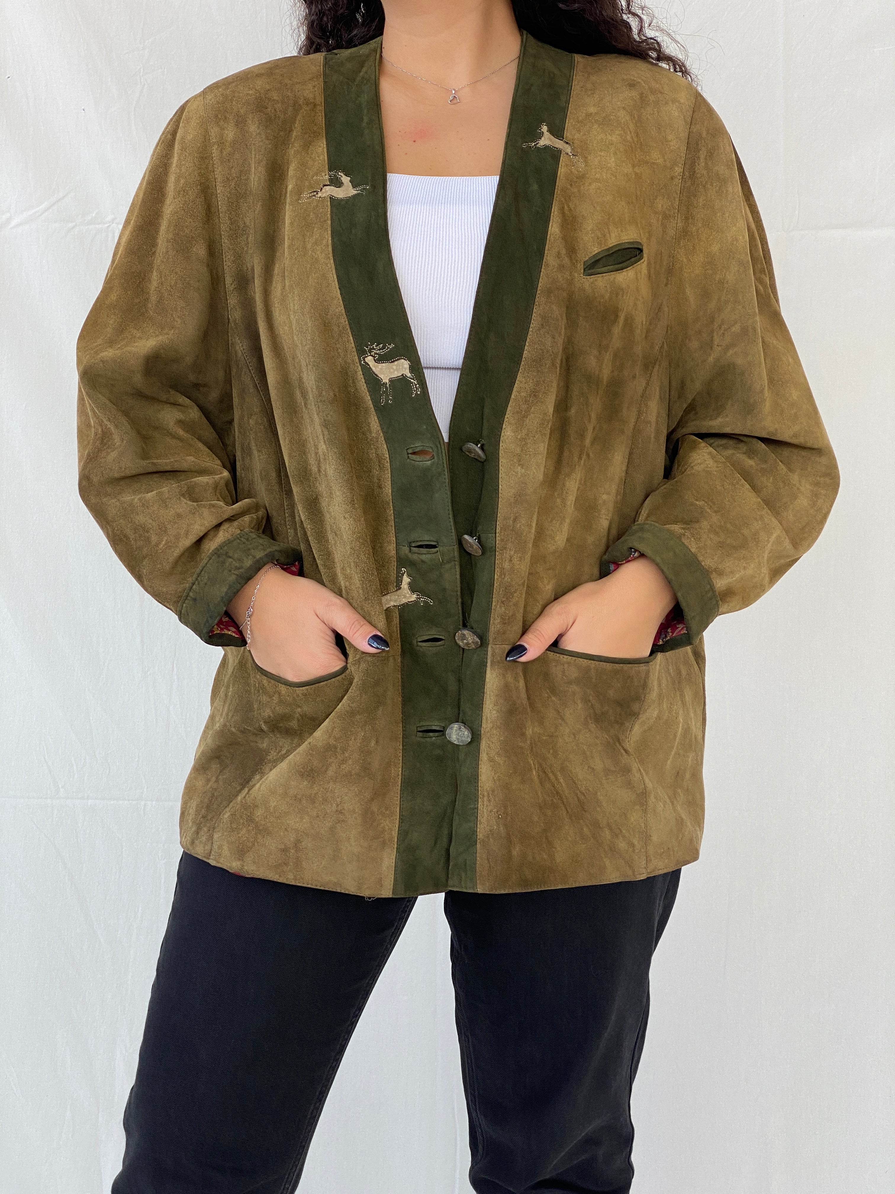 Vintage 70s Meindl Olive Green Suede Leather Jacket - L