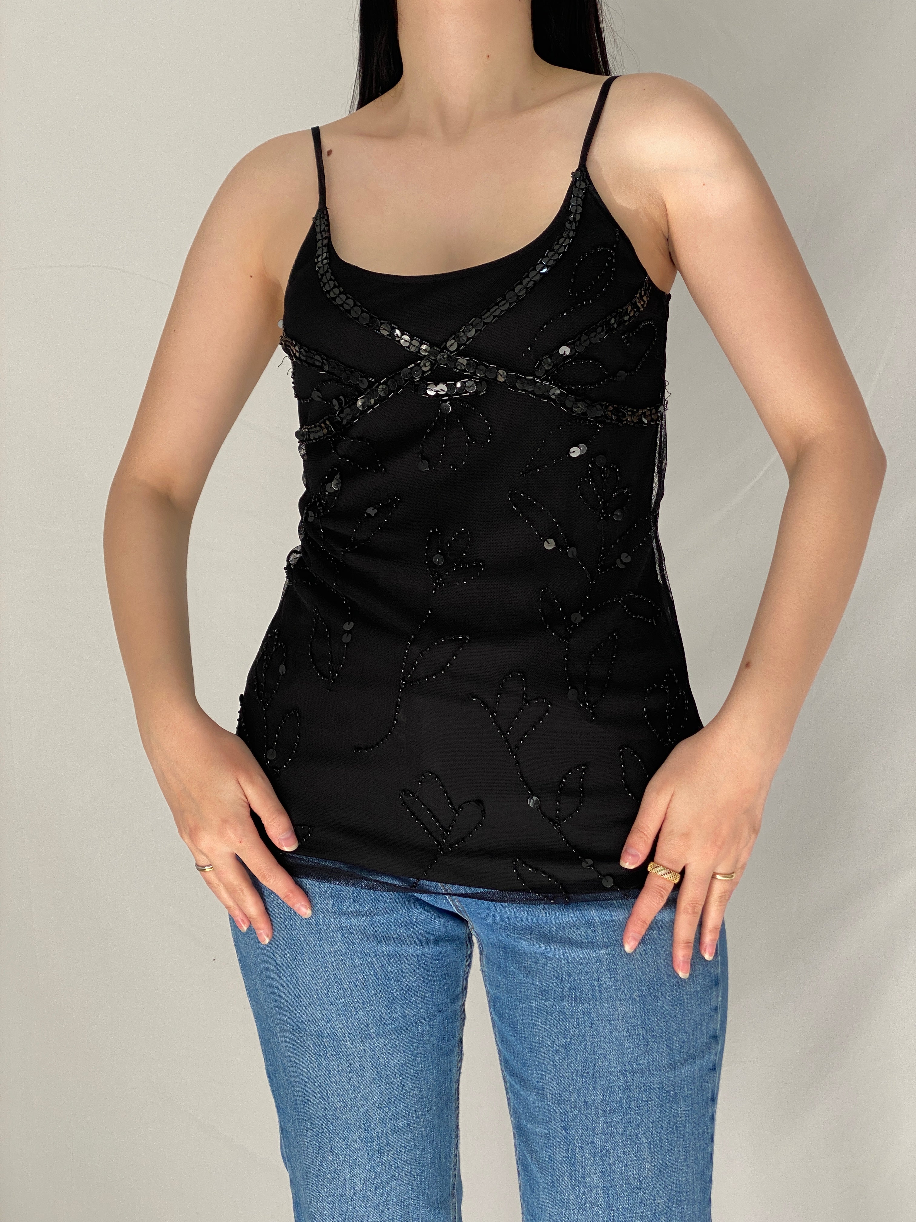 Vintage Y2K Wet Seal Black Beaded Mesh Fairycore Cami Top - M