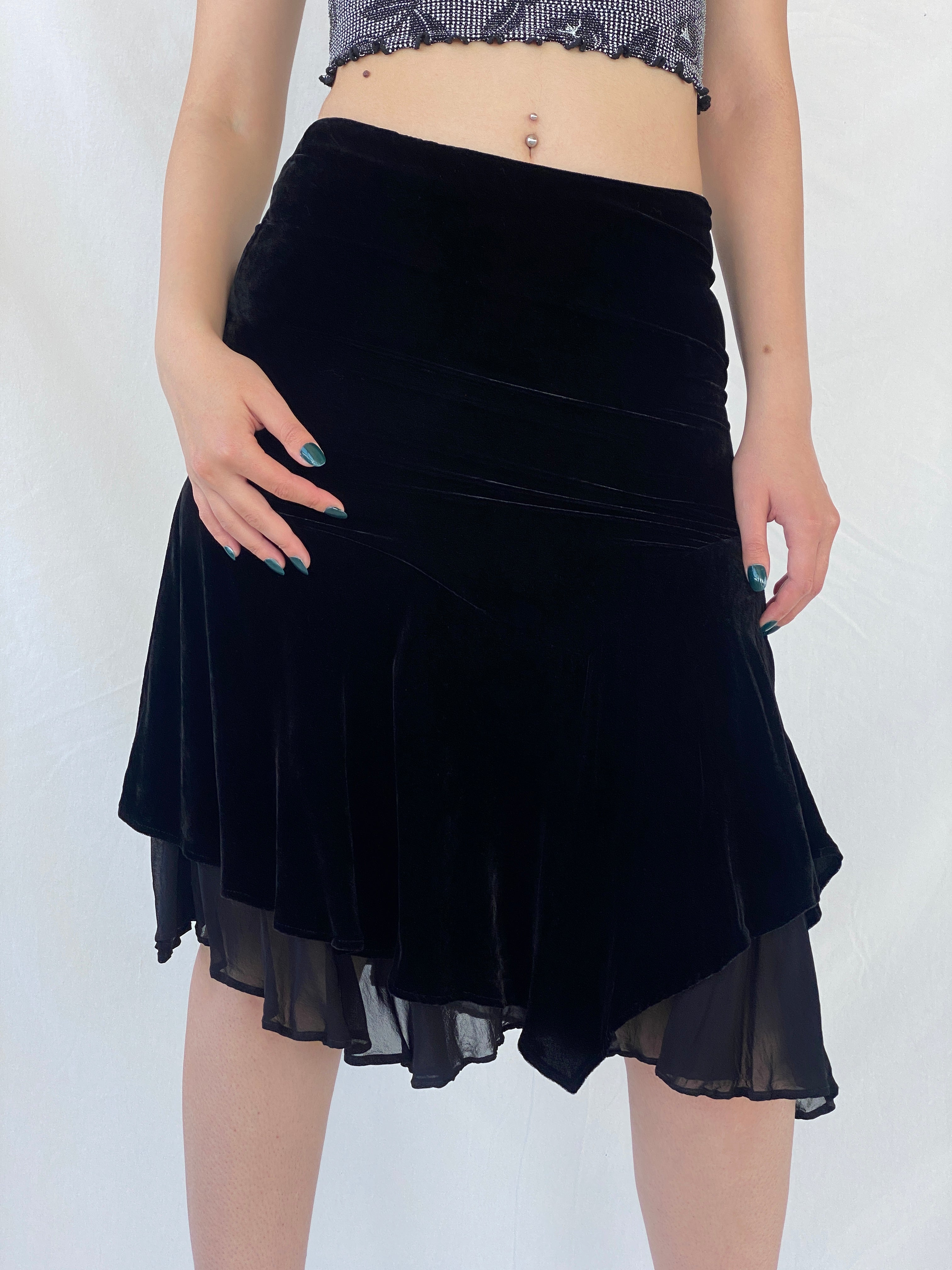 Vintage Jegains Mattiolo Asymmetric Velvet Black Midi Skirt - M