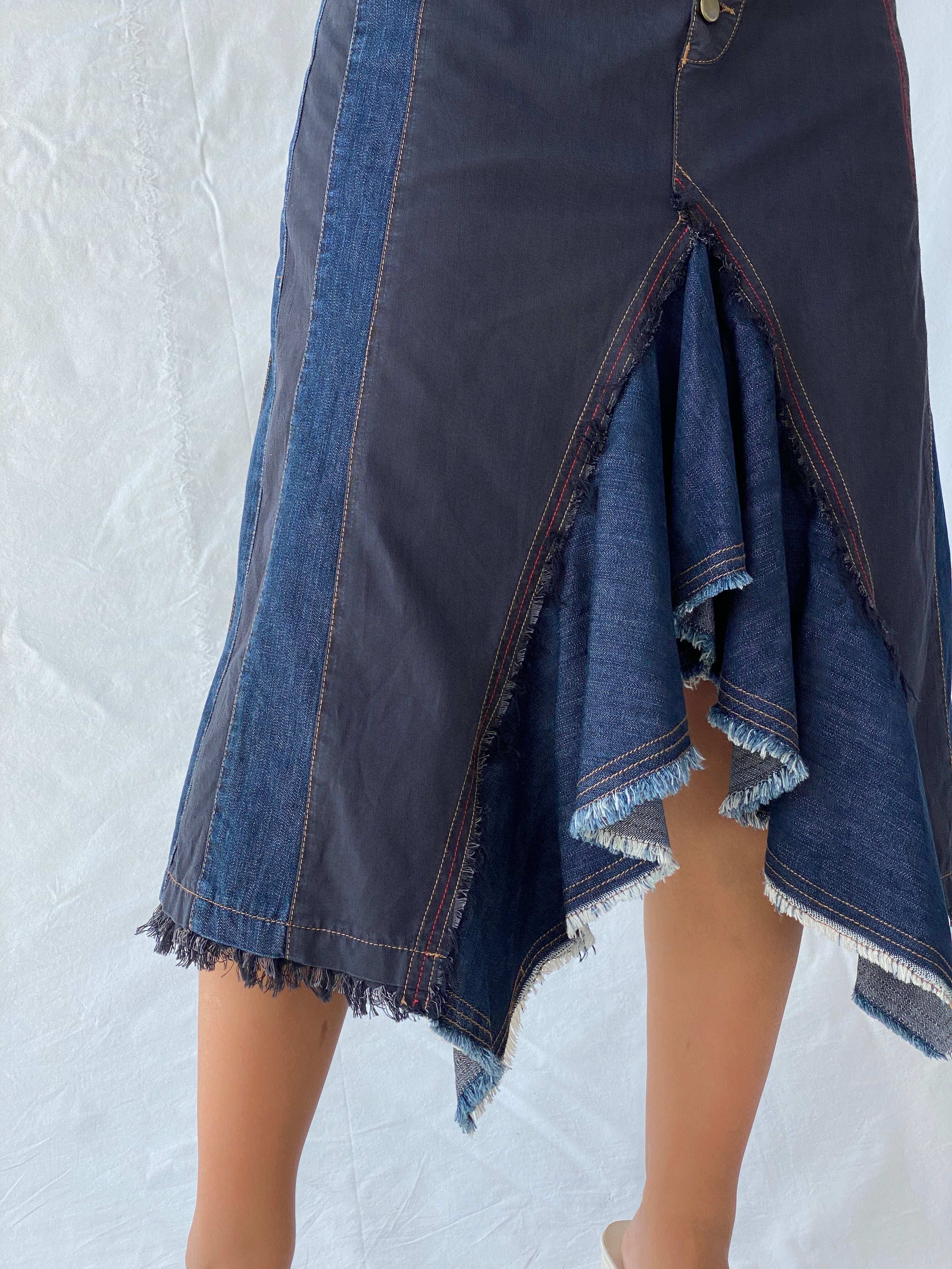 Vintage DELA VEGA Asymmetric Frayed Hem Denim Midi Skirt - L