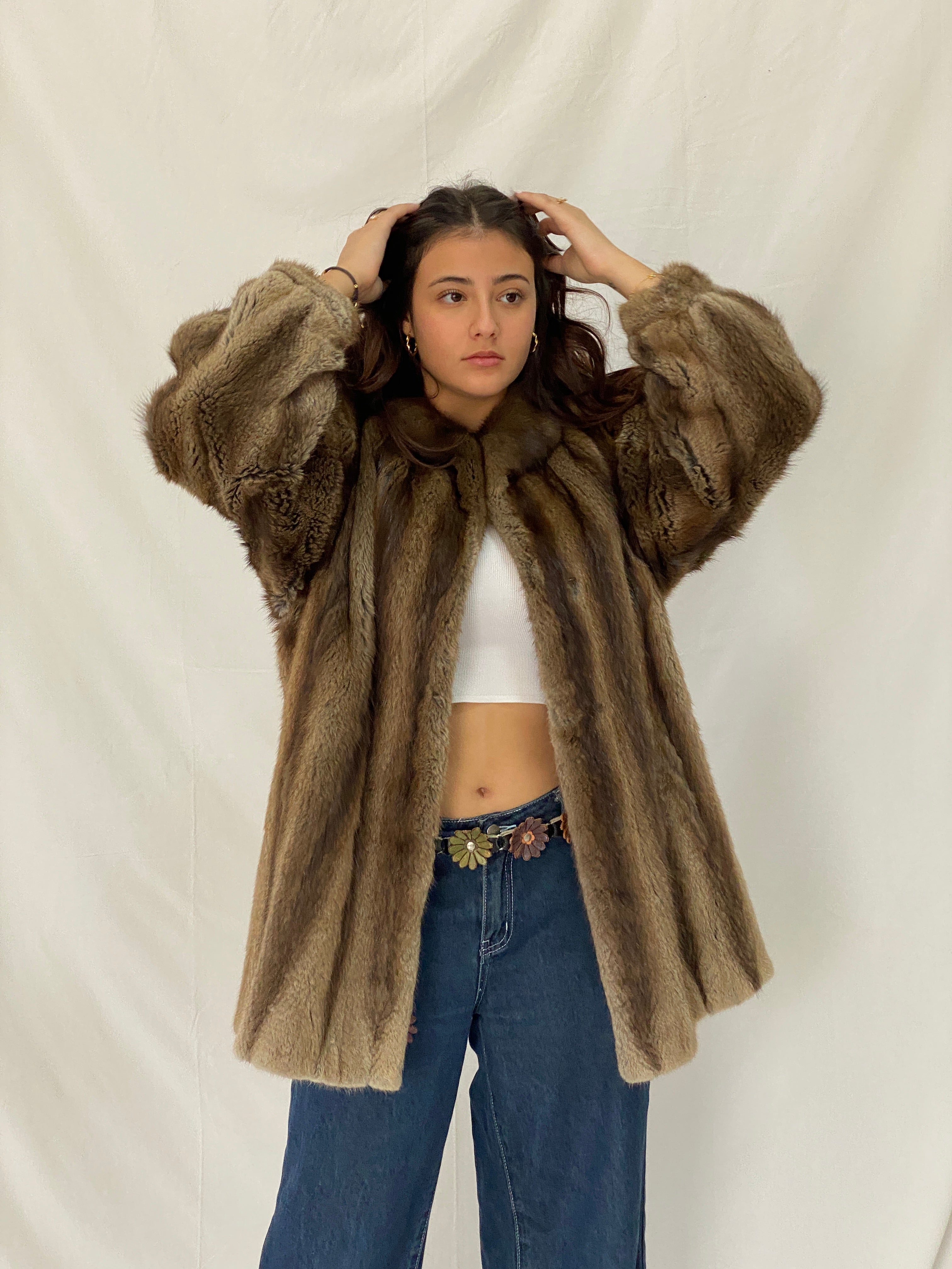 Vintage Natural Brown Mink Fur Coat Classic Mid-Length Luxury Winter Jacket - L