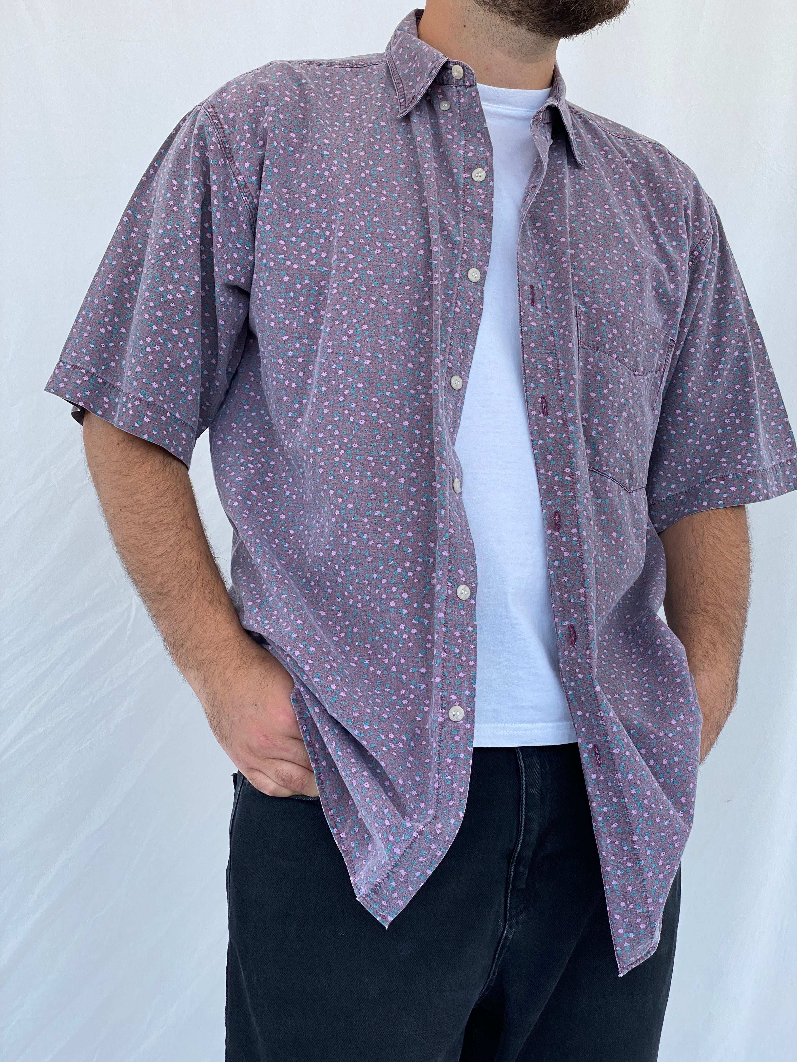 Vintage Shah Safari Floral Short Sleeve Purple Cotton Shirt - L - Balagan Vintage Half Sleeve Shirt 90s, half sleeve shirt, Iyad, mens shirt, NEW IN, printed shirt