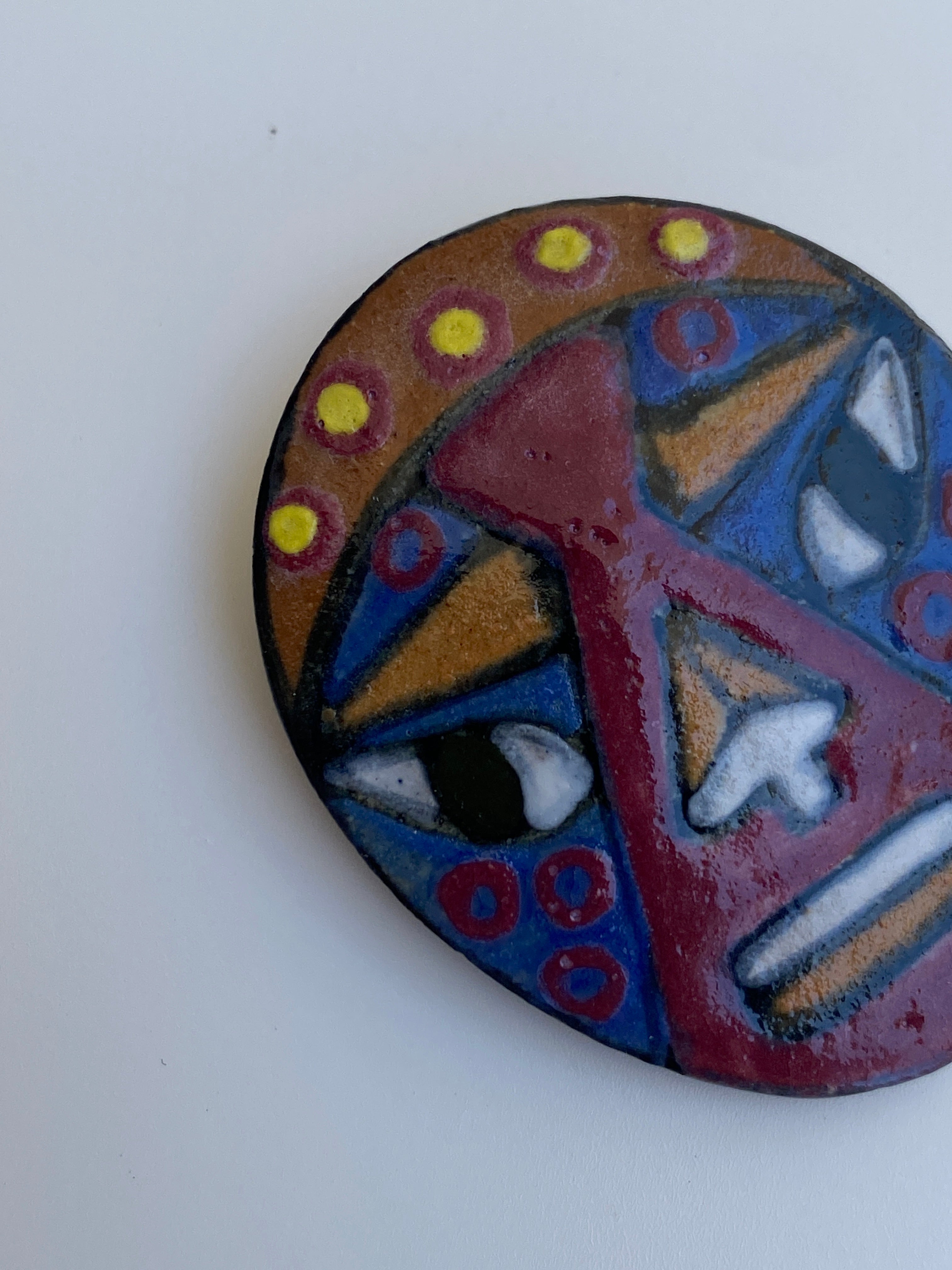 Vintage Hand-Painted Ceramic Tribal Face Brooch by MV Blake