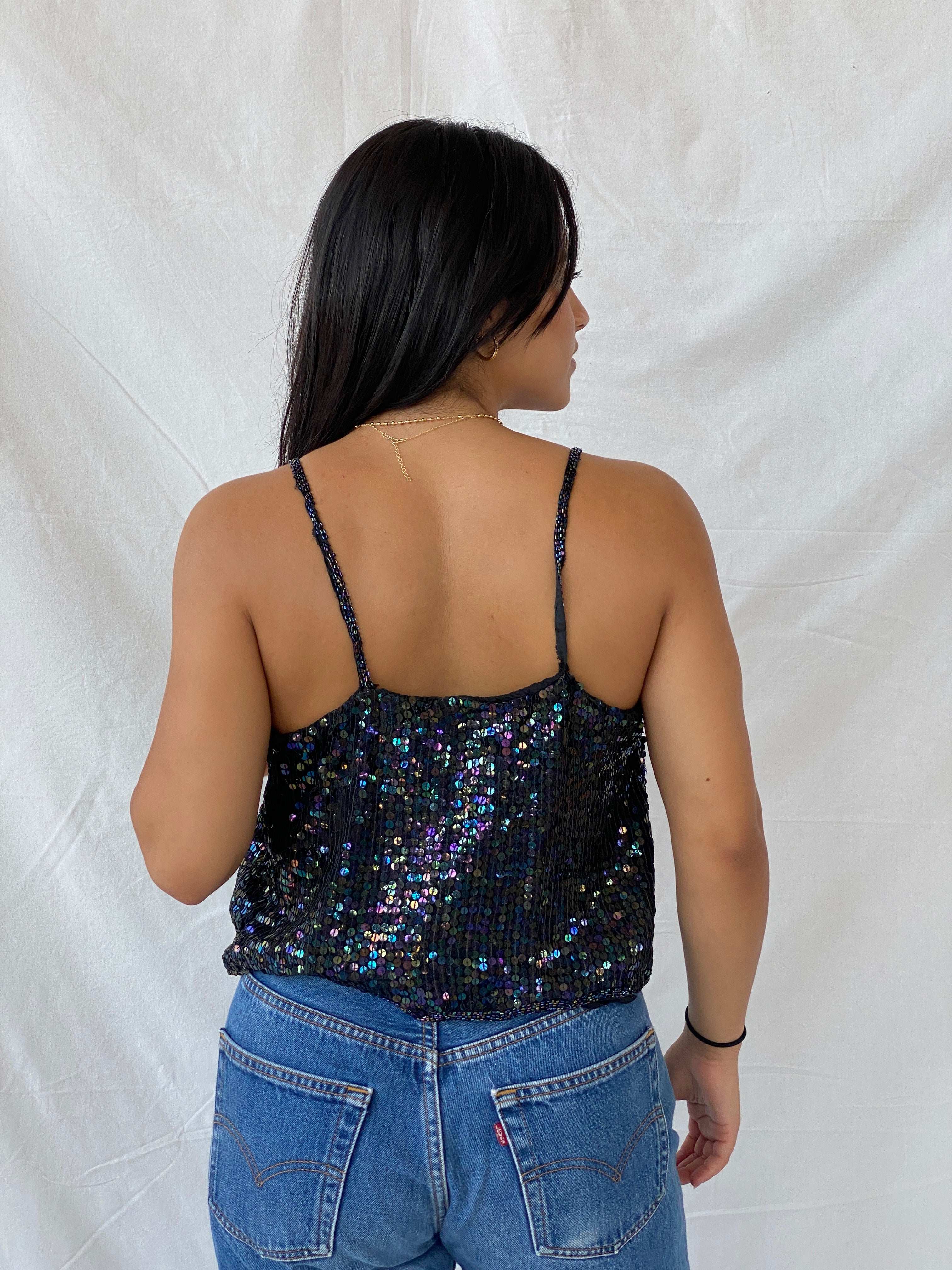 Vintage 90s Sequined Silk Cami Top - M