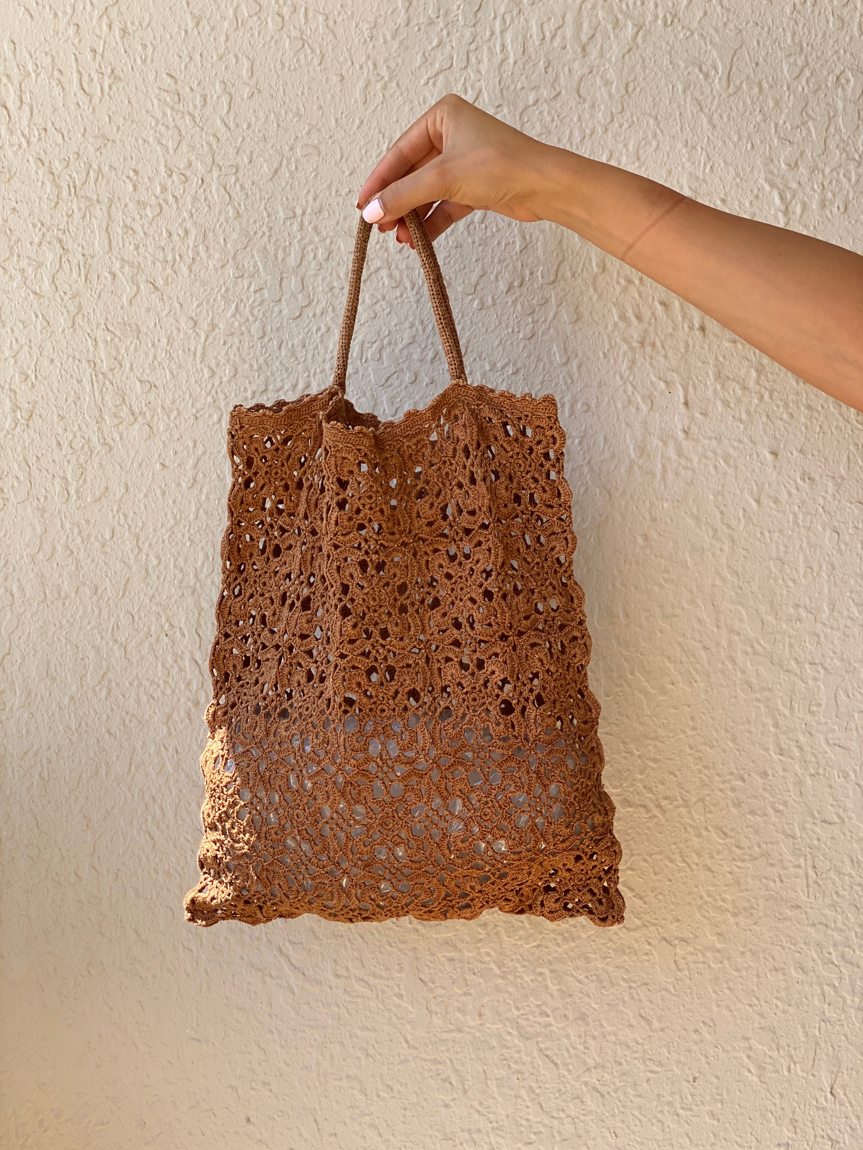 Vintage Boho Brown Hand-Crocheted Tote Bag