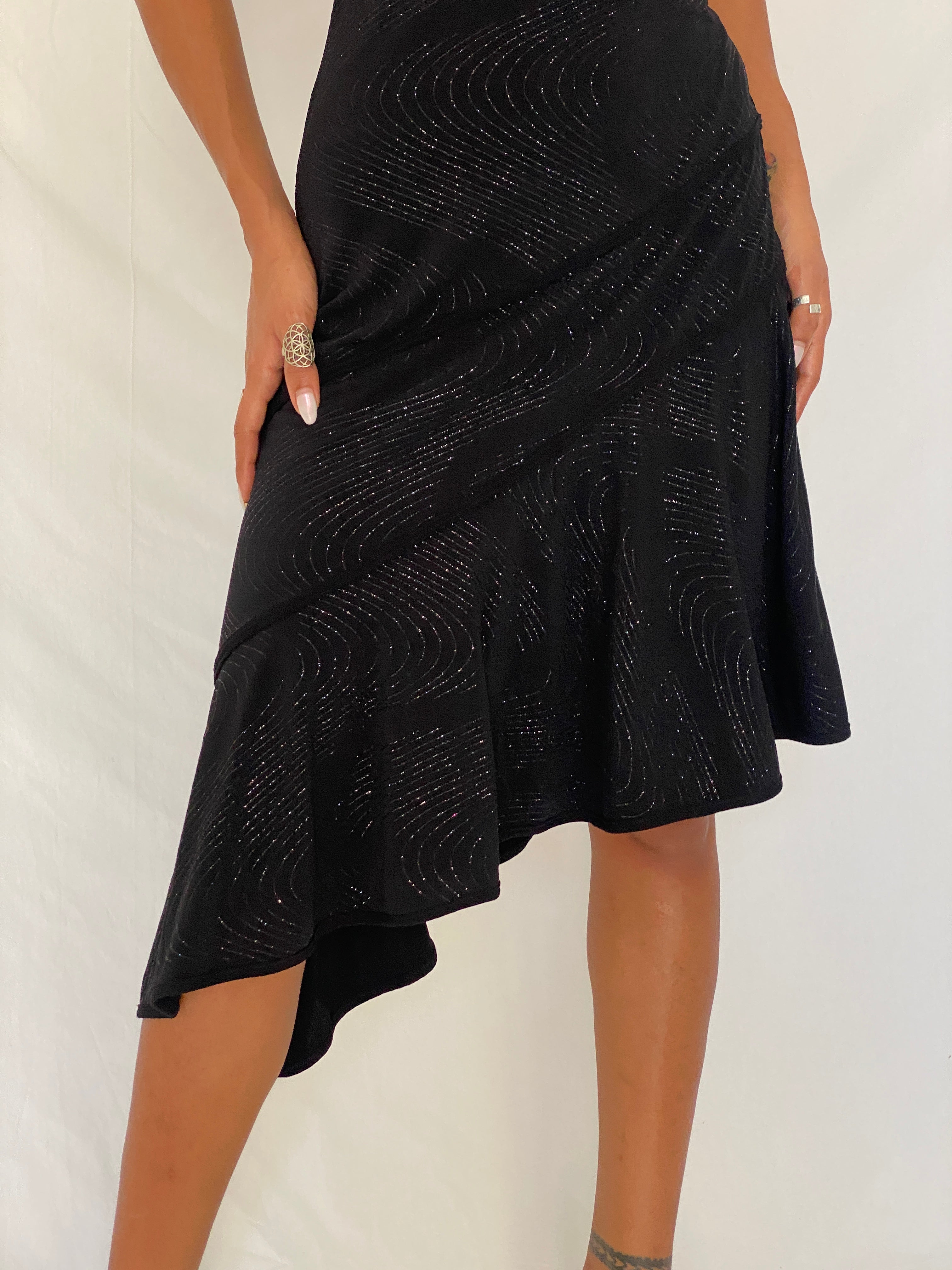 Vintage Y2K Lipstick Black Glitter Swirl Halter Asymmetric Midi Dress- S