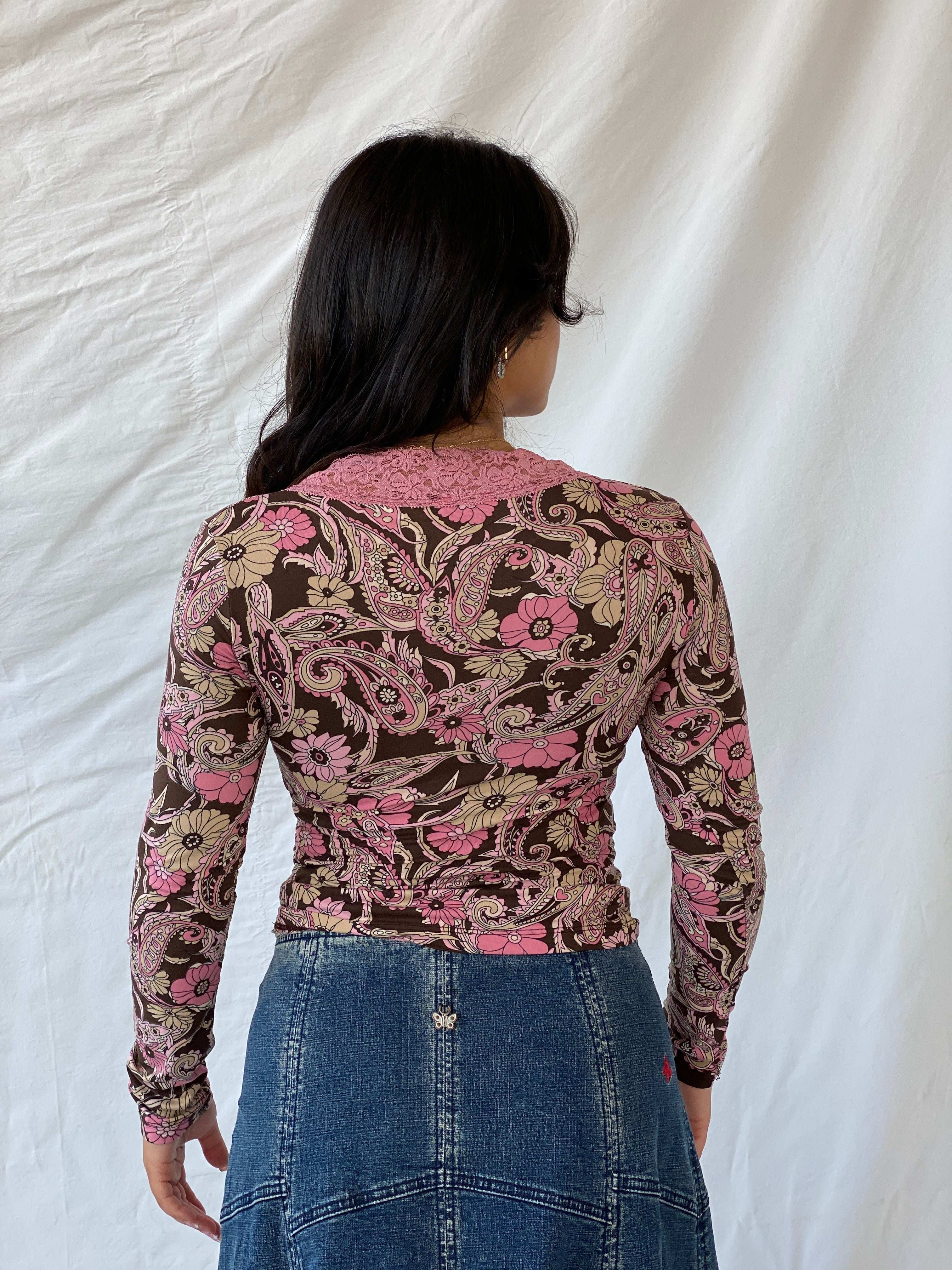 Vintage KIKI RIKI Brown and Pink Long Sleeve Floral Top - M