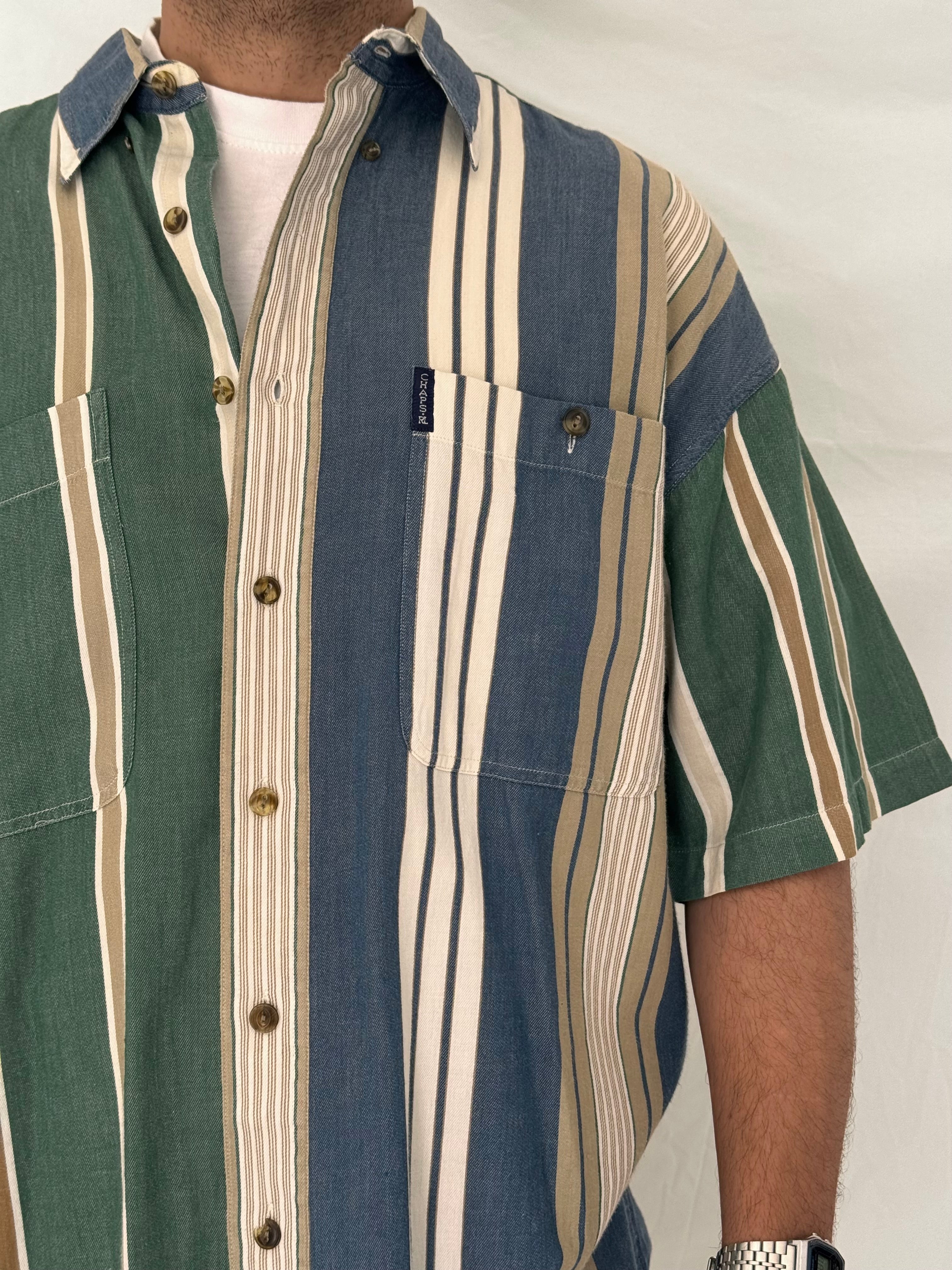 Vintage 90s Chaps Ralph Lauren Green Blue Striped Cotton Shirt - L