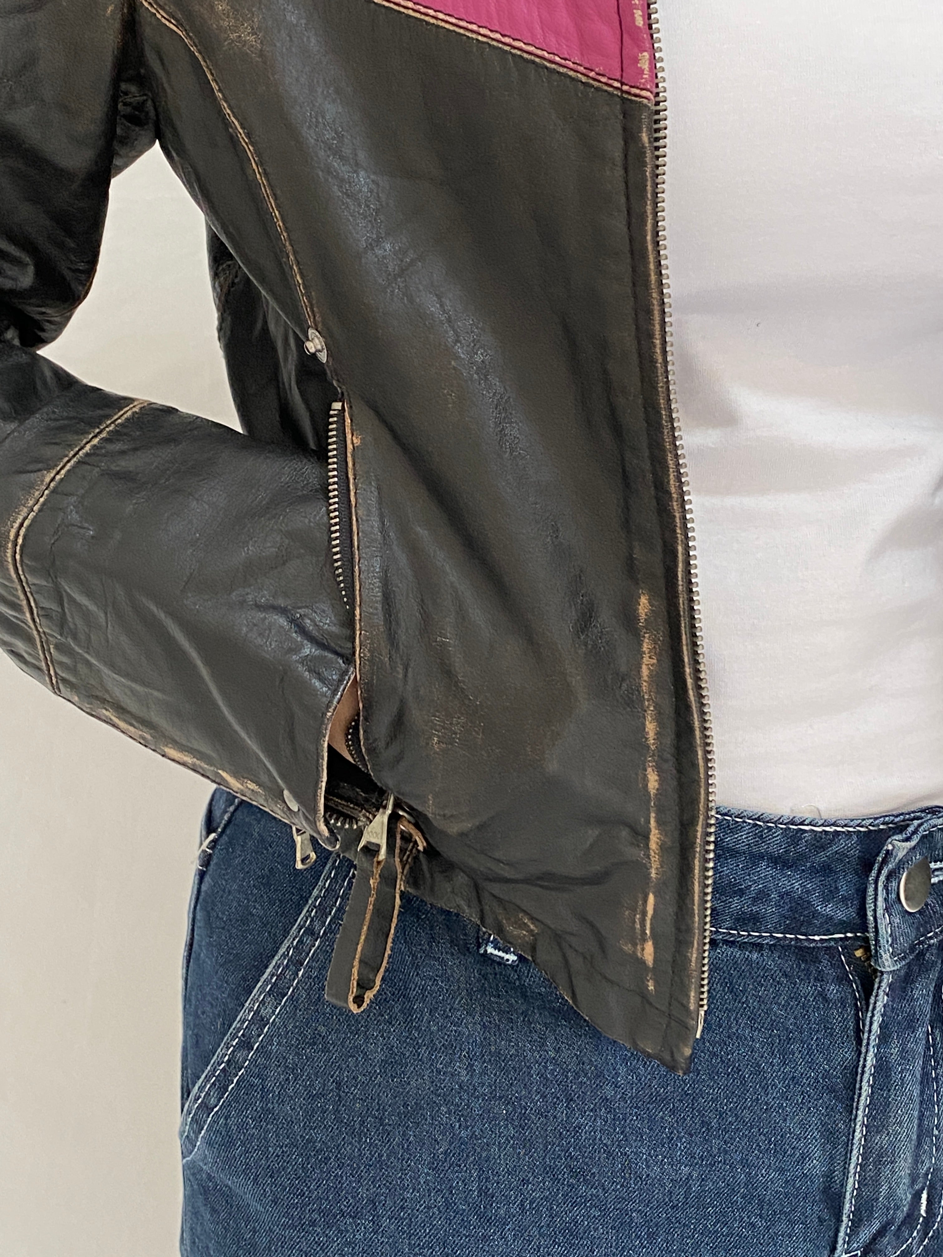 Vintage Miss Sixty Distressed Genuine Leather Moto Jacket Y2K Chevron Colorblock Biker - M