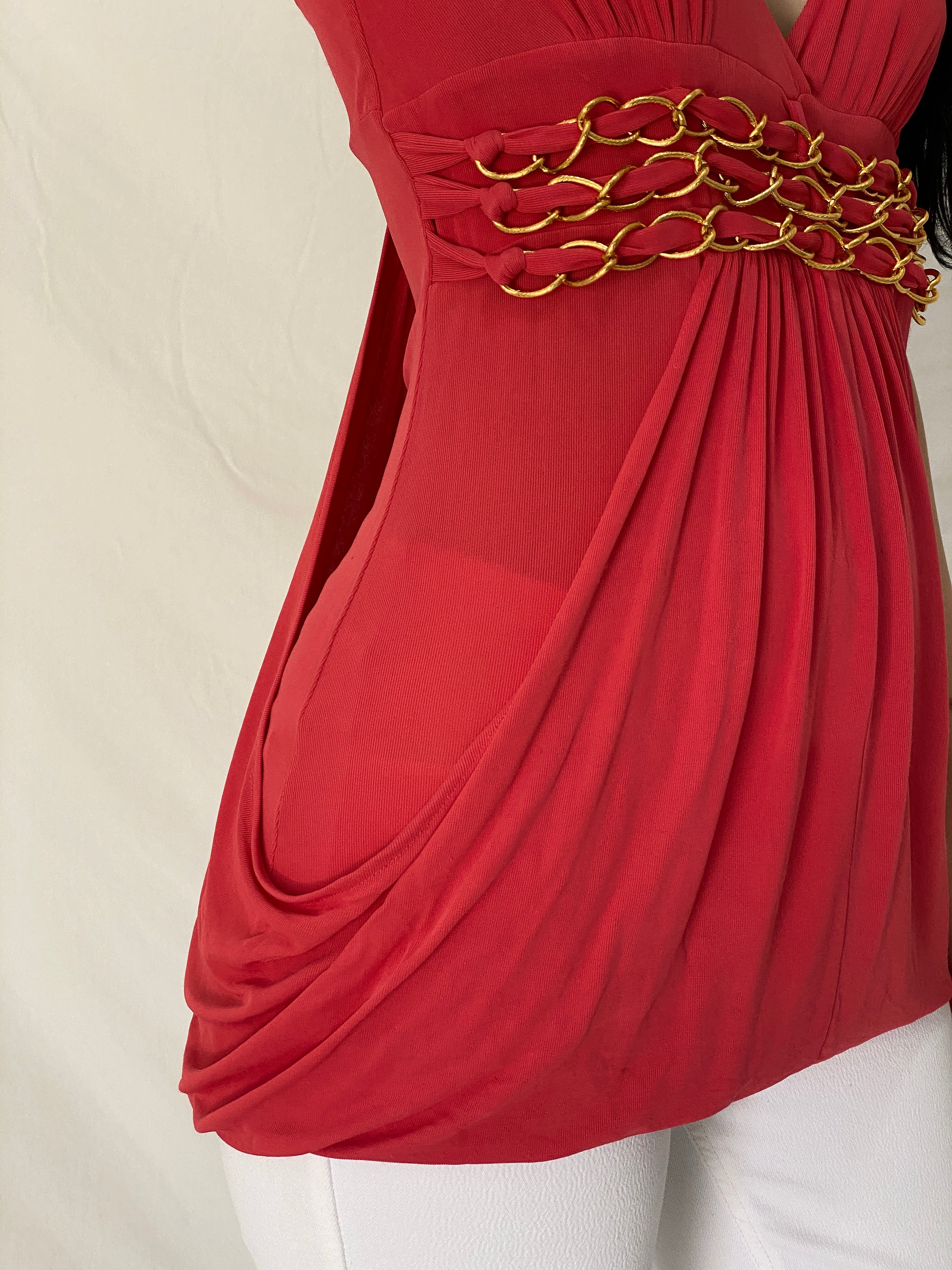 Vintage Y2K Bebe Coral Red Gold Chain Draped Empire Waist Cami Top - M