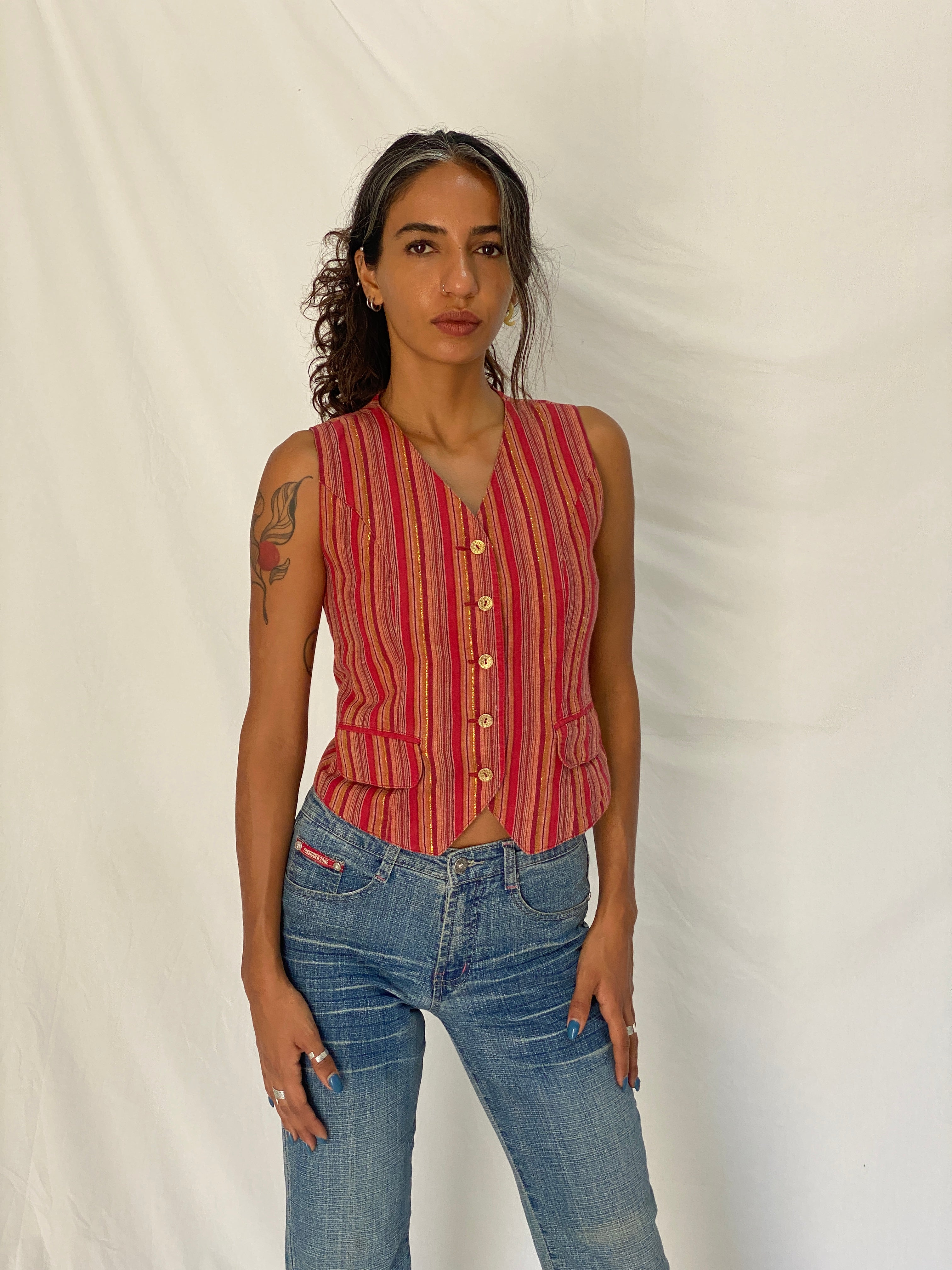 Vintage Y2K Petite Sophisticate Red Metallic Striped Cotton Blend Waistcoat Vest - S