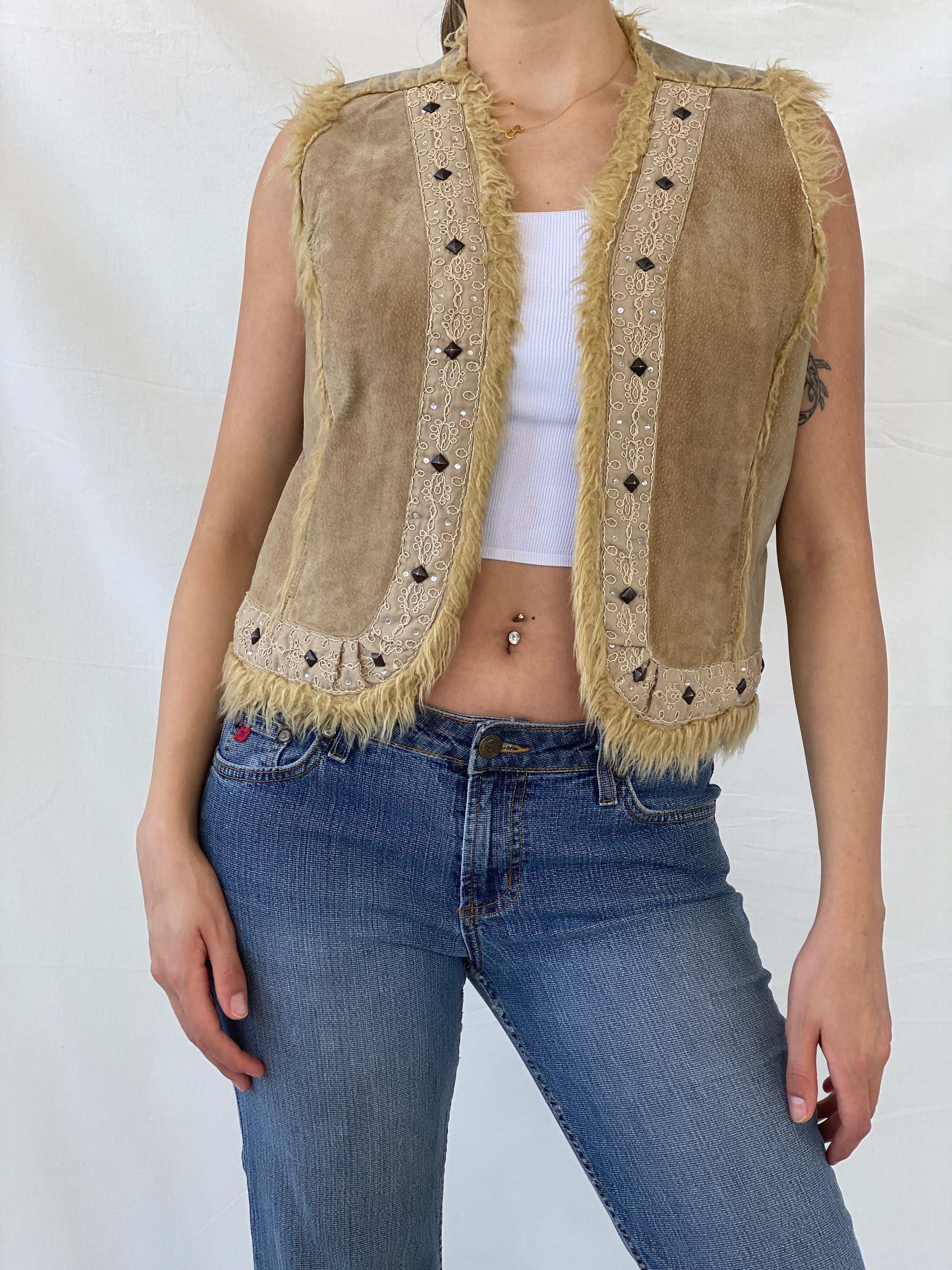 Vintage Live A little Fur Lined Suede Embellished Western Vest - L