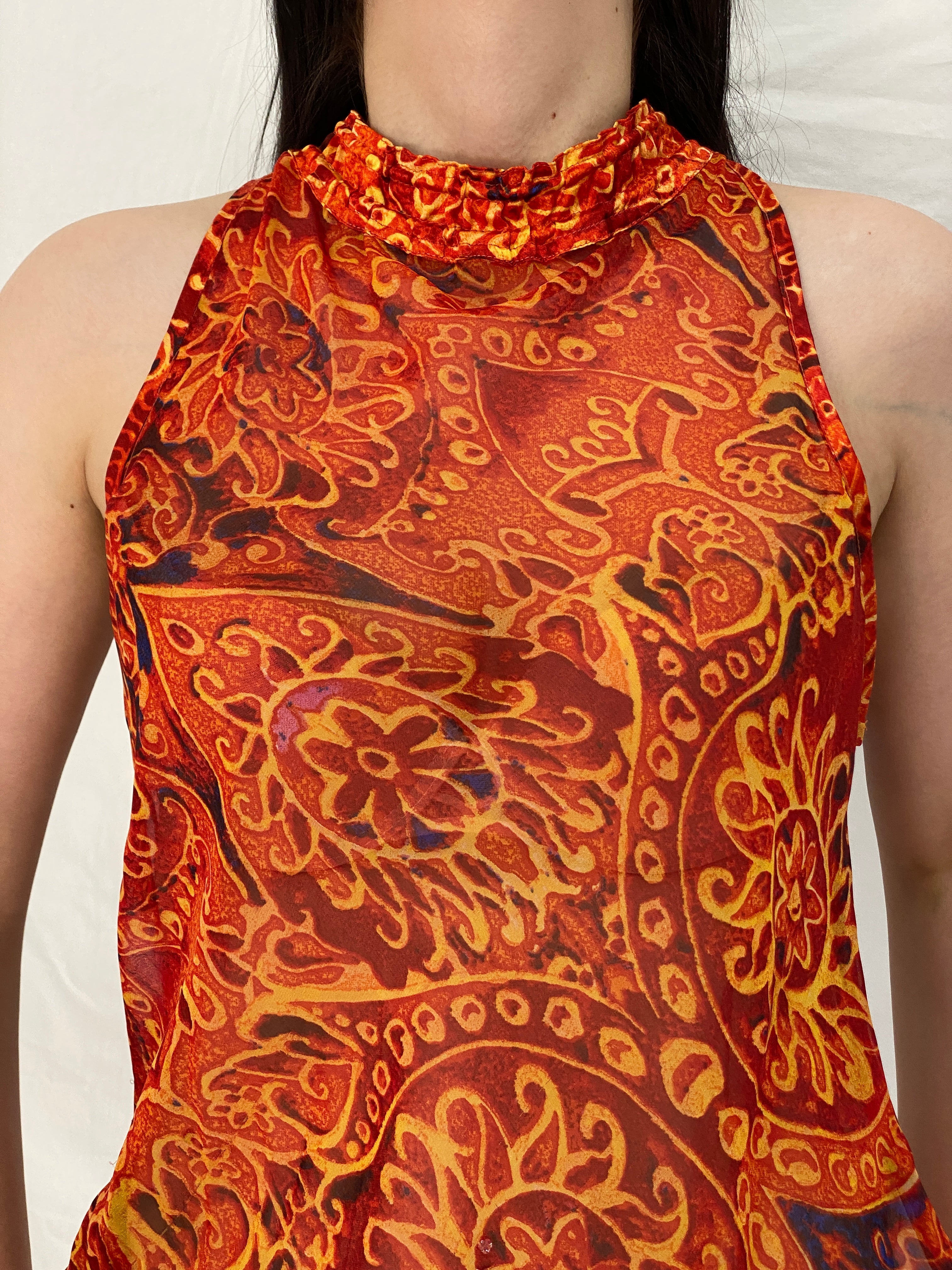 Vintage Y2K Boho Paisley Orange Mesh Halter Top Sheer Printed Sleeveless Blouse - M