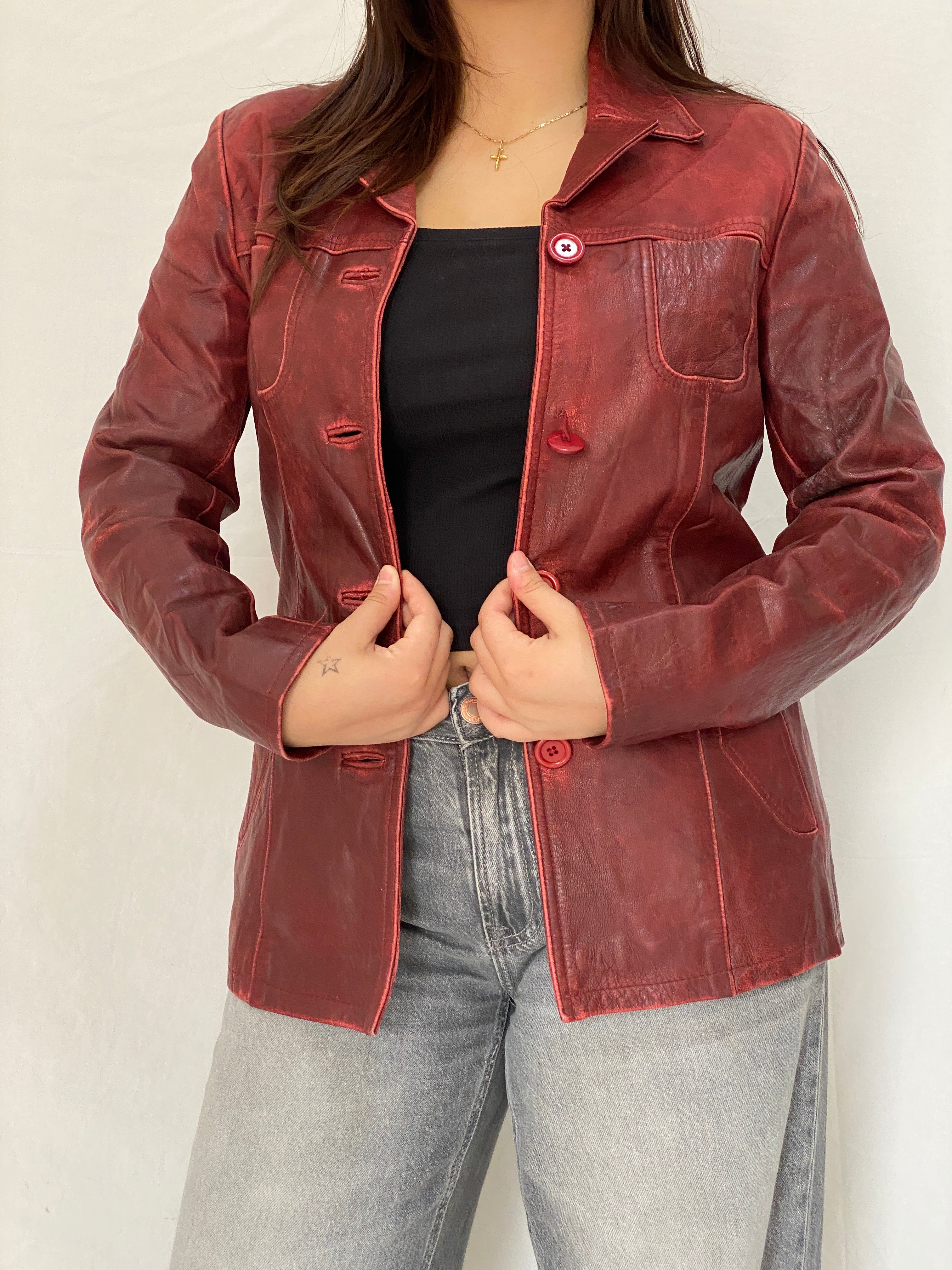 Vintage Arturo Paris Distressed Red Genuine Goat Leather Blazer Jacket - M