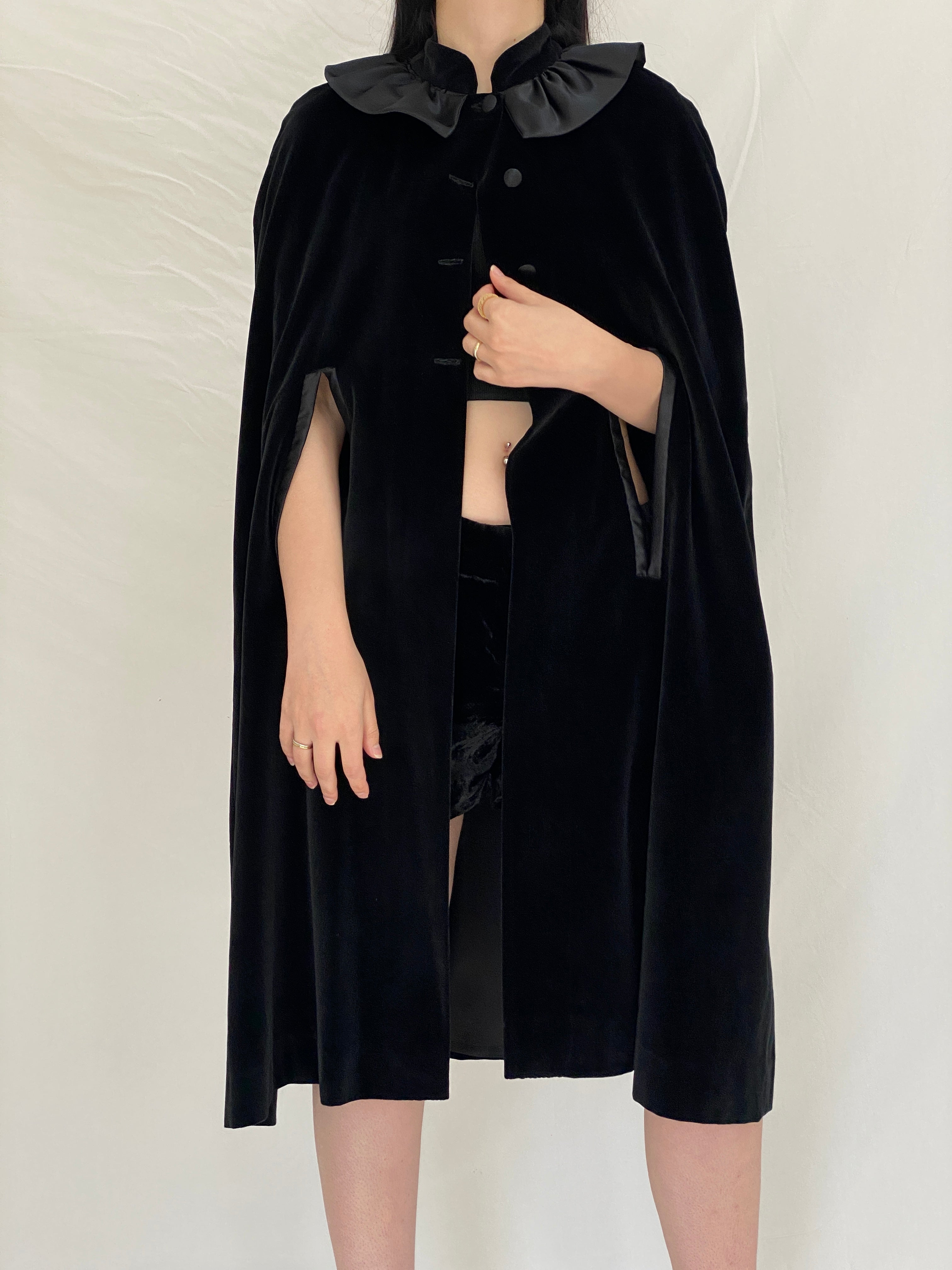 Vintage Black Velvet Cape with Satin Statement Collar - Gothic Elegance Evening Outerwear