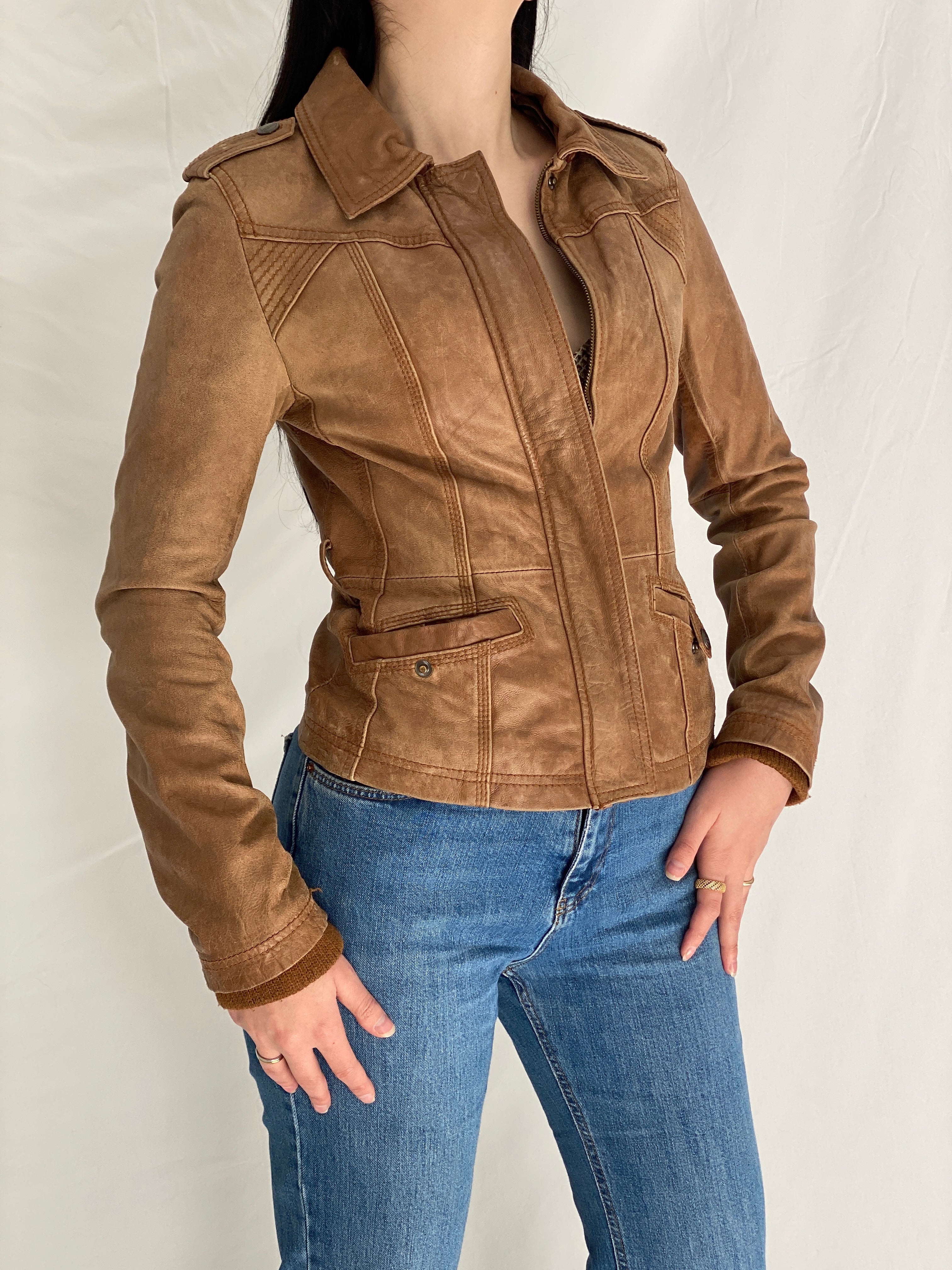 Vintage Y2K Stradivarius Brown Real Leather Moto Fitted Jacket - S