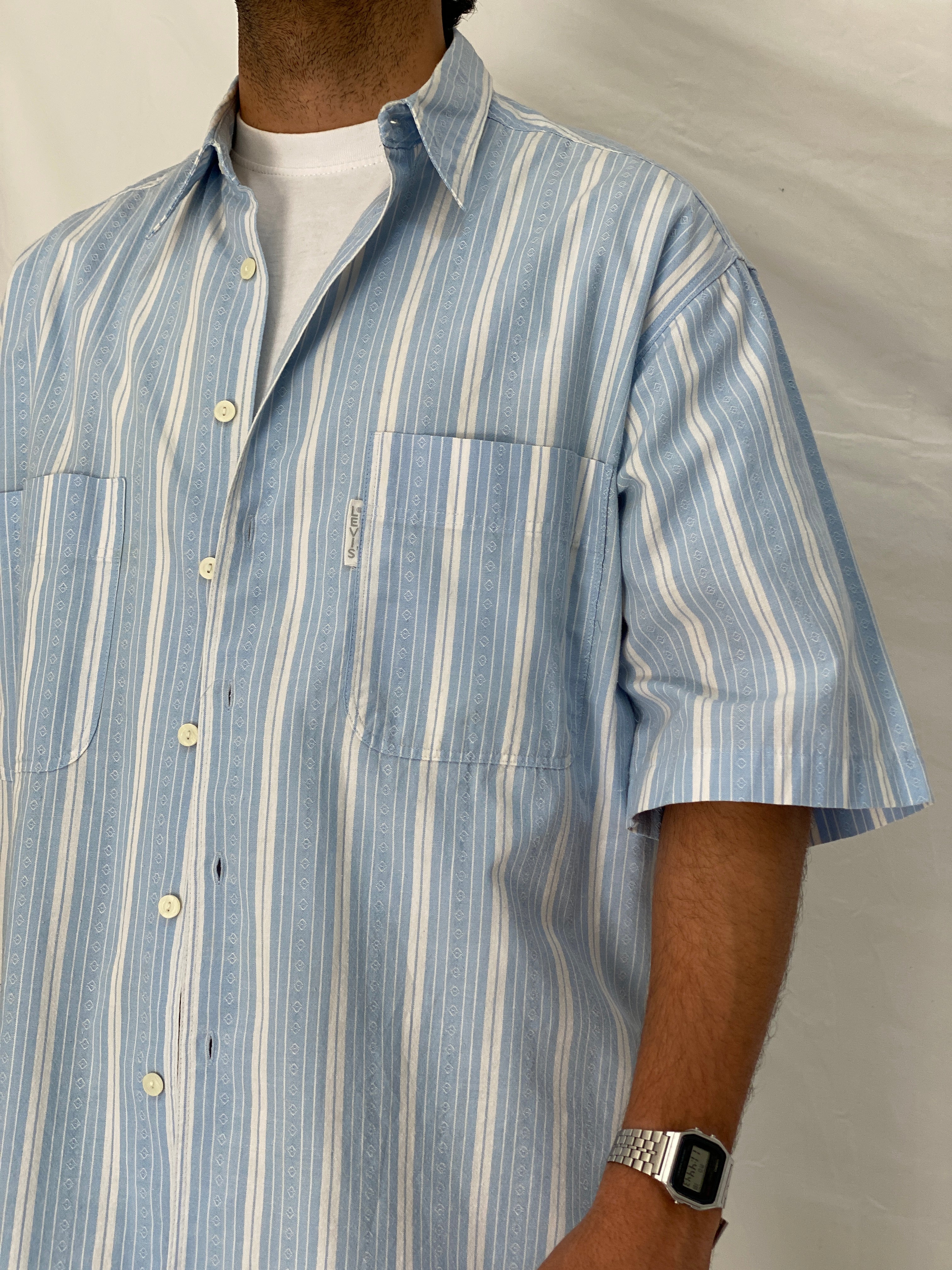 Vintage Levi’s Silver Label Blue Striped Short Sleeve Shirt Oversized 90s Minimal Button Up - L