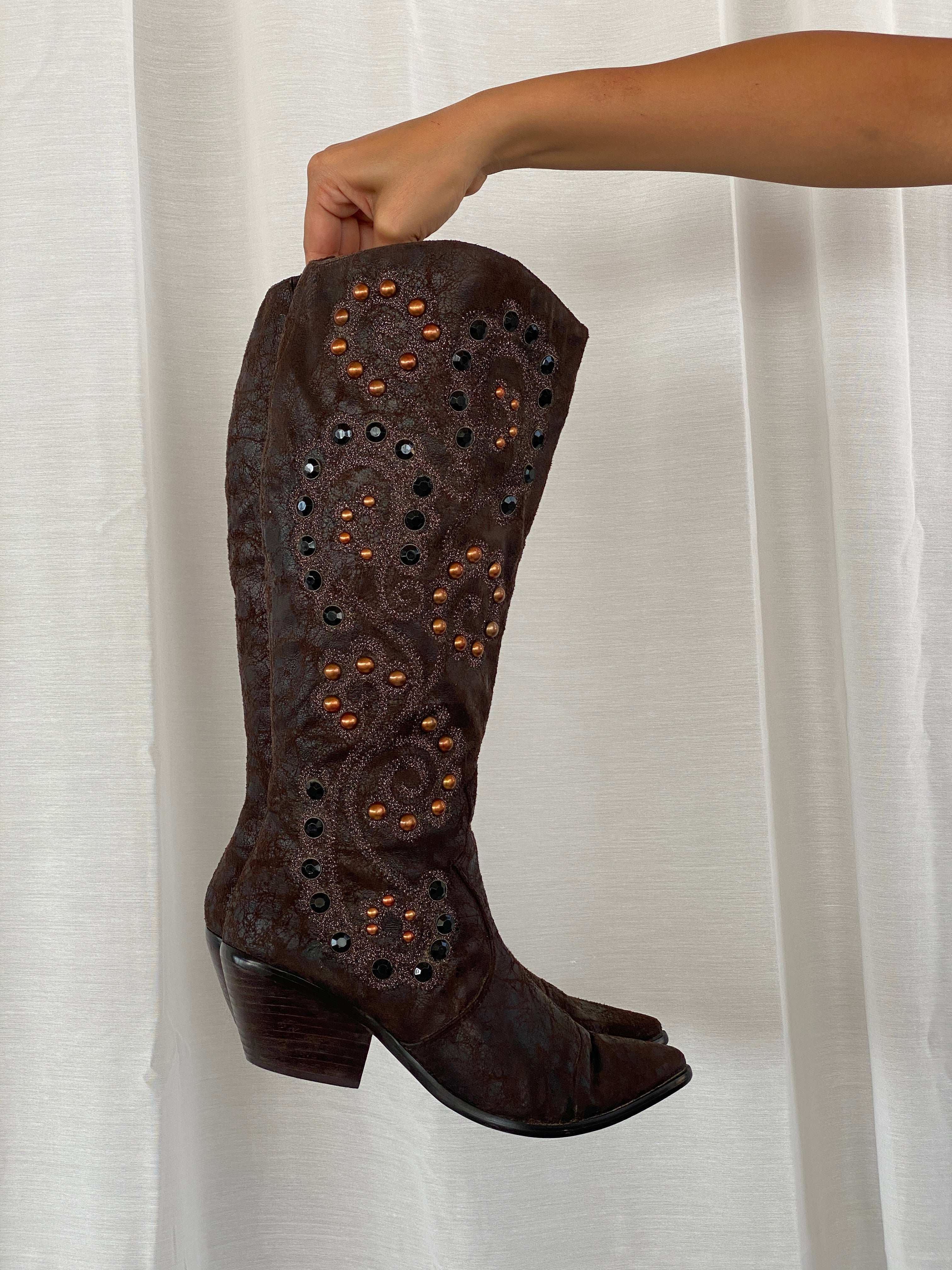 Y2K Two Tips Brown Studded Cowboy Western Boots - 38.5