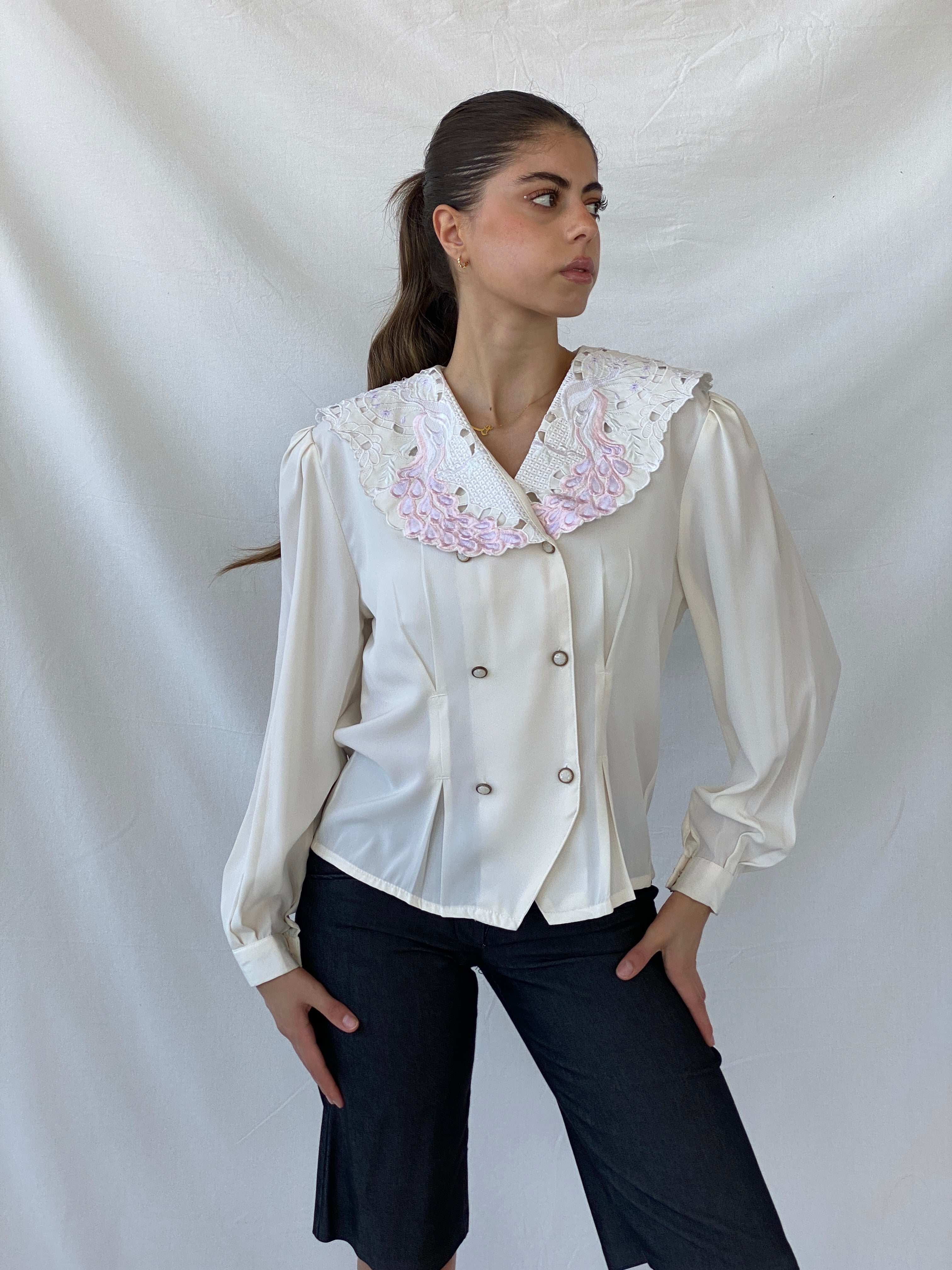 00s FIRAS Embroidered Oversized Collar Ivory Victorian Blouse - M