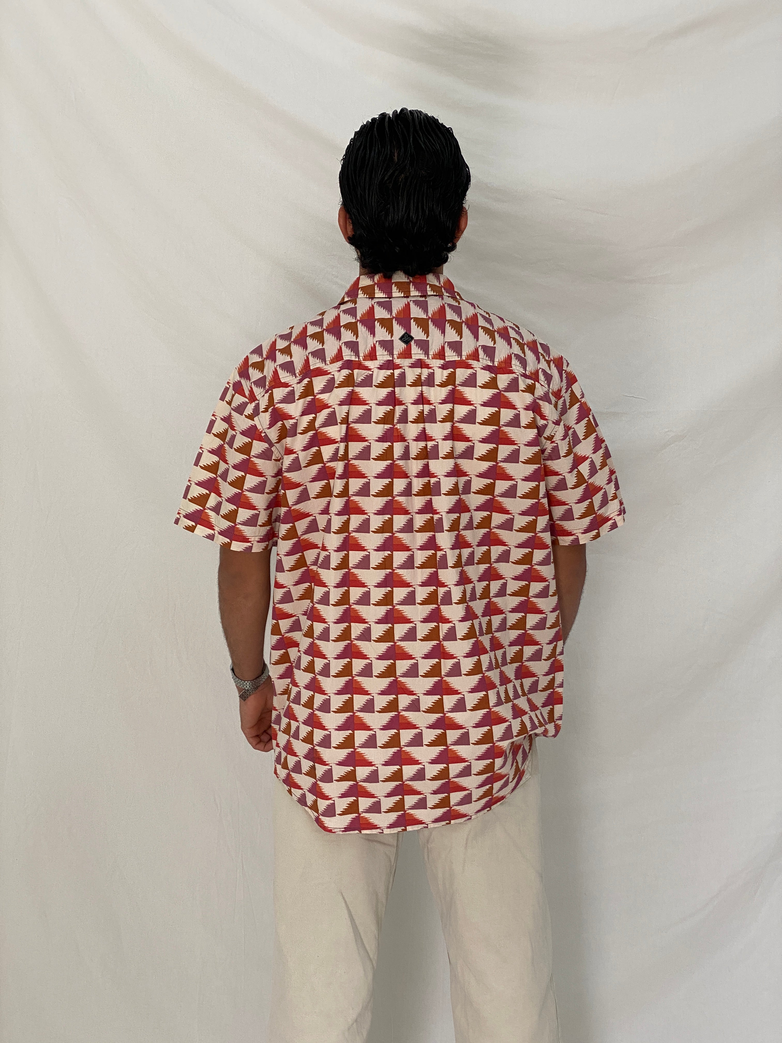 Prana Geometric Print Cotton Red Pink Abstract Short Sleeve Shirt – XL