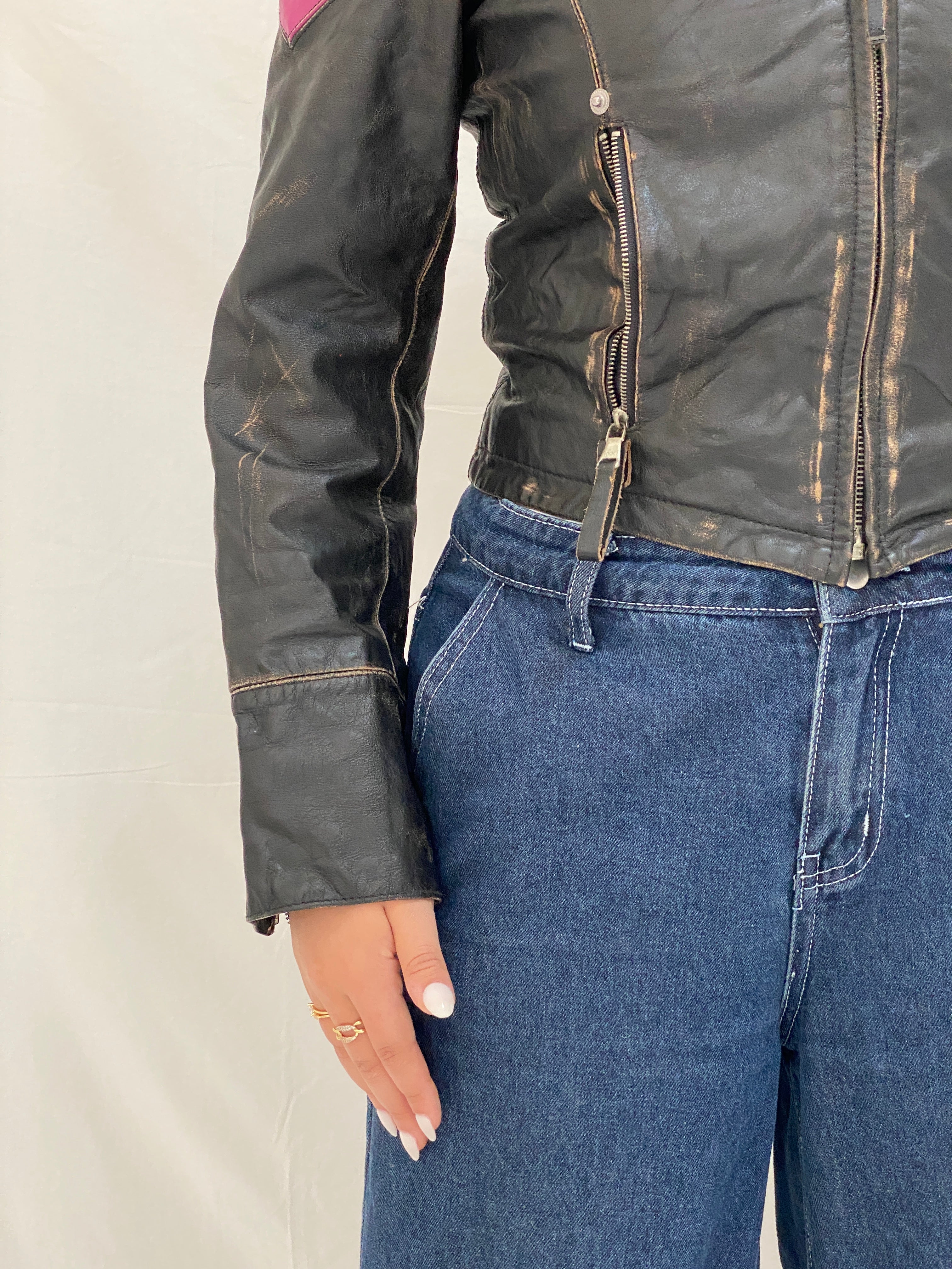 Vintage Miss Sixty Distressed Genuine Leather Moto Jacket Y2K Chevron Colorblock Biker - M