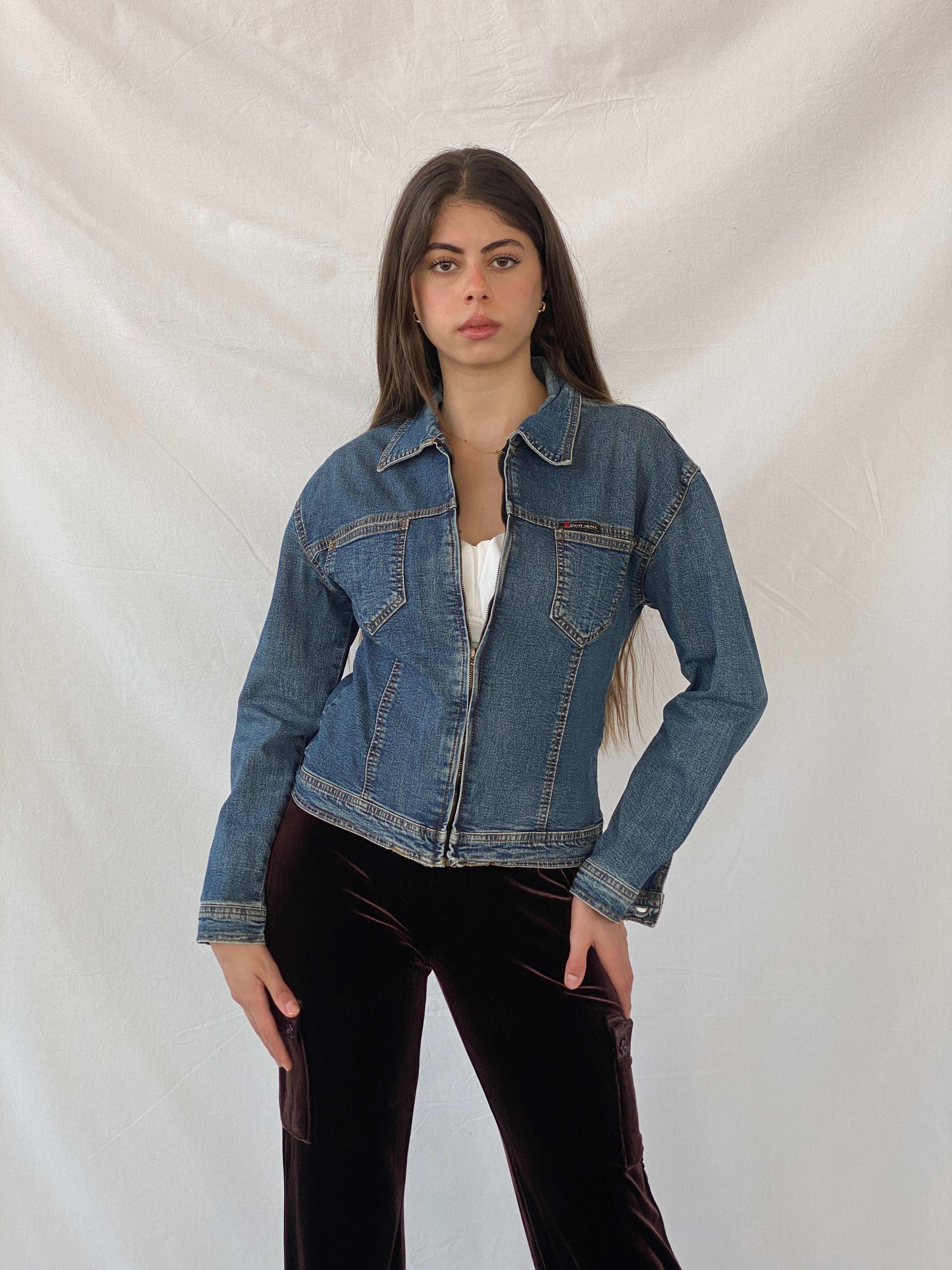 Y2K DKNY Short Fitted Zip Up Denim Jacket - XS