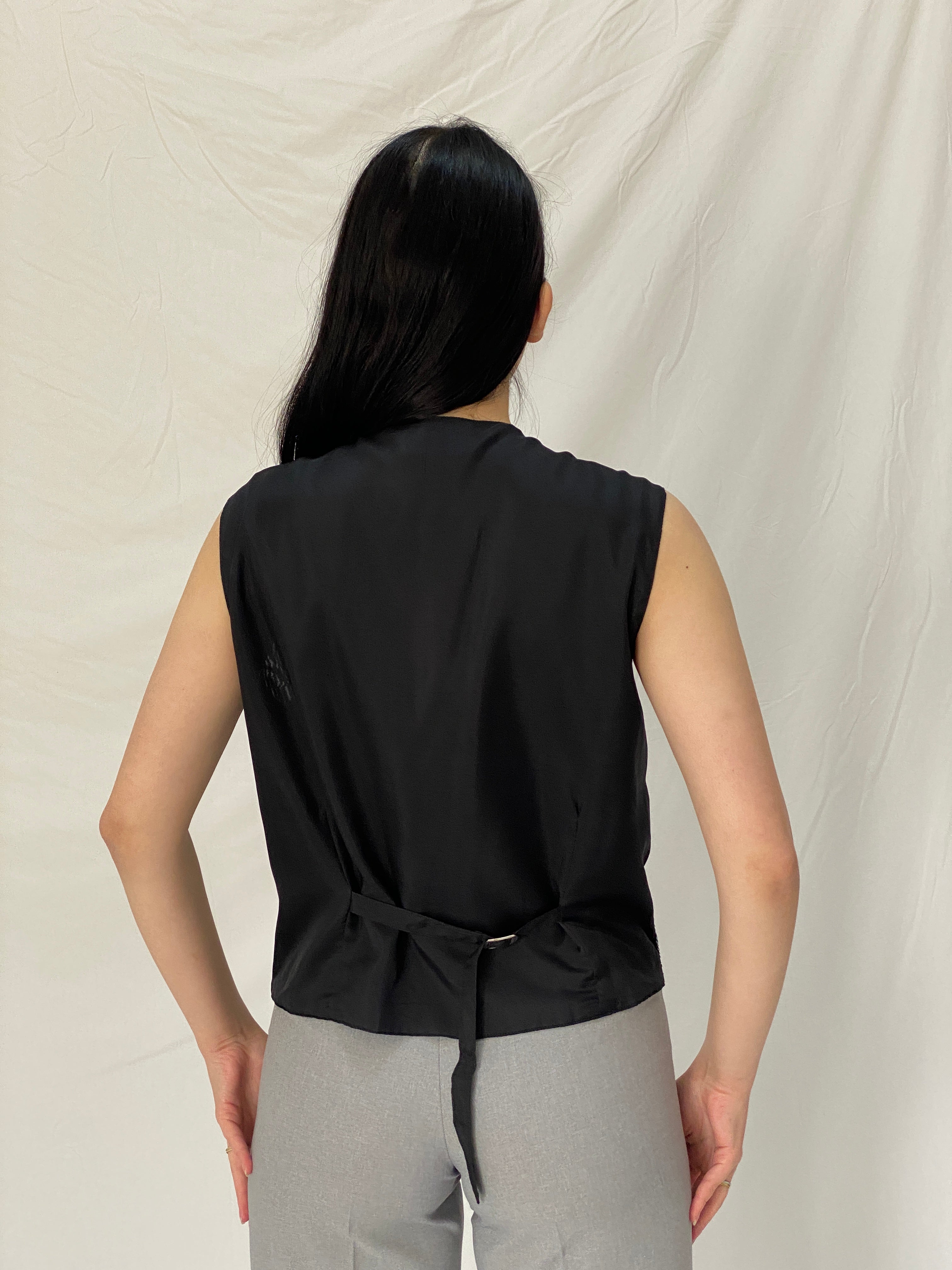 Vintage 90s Diamond Collection Black Beaded & Sequined Evening Silk Vest Art Deco Glam - L